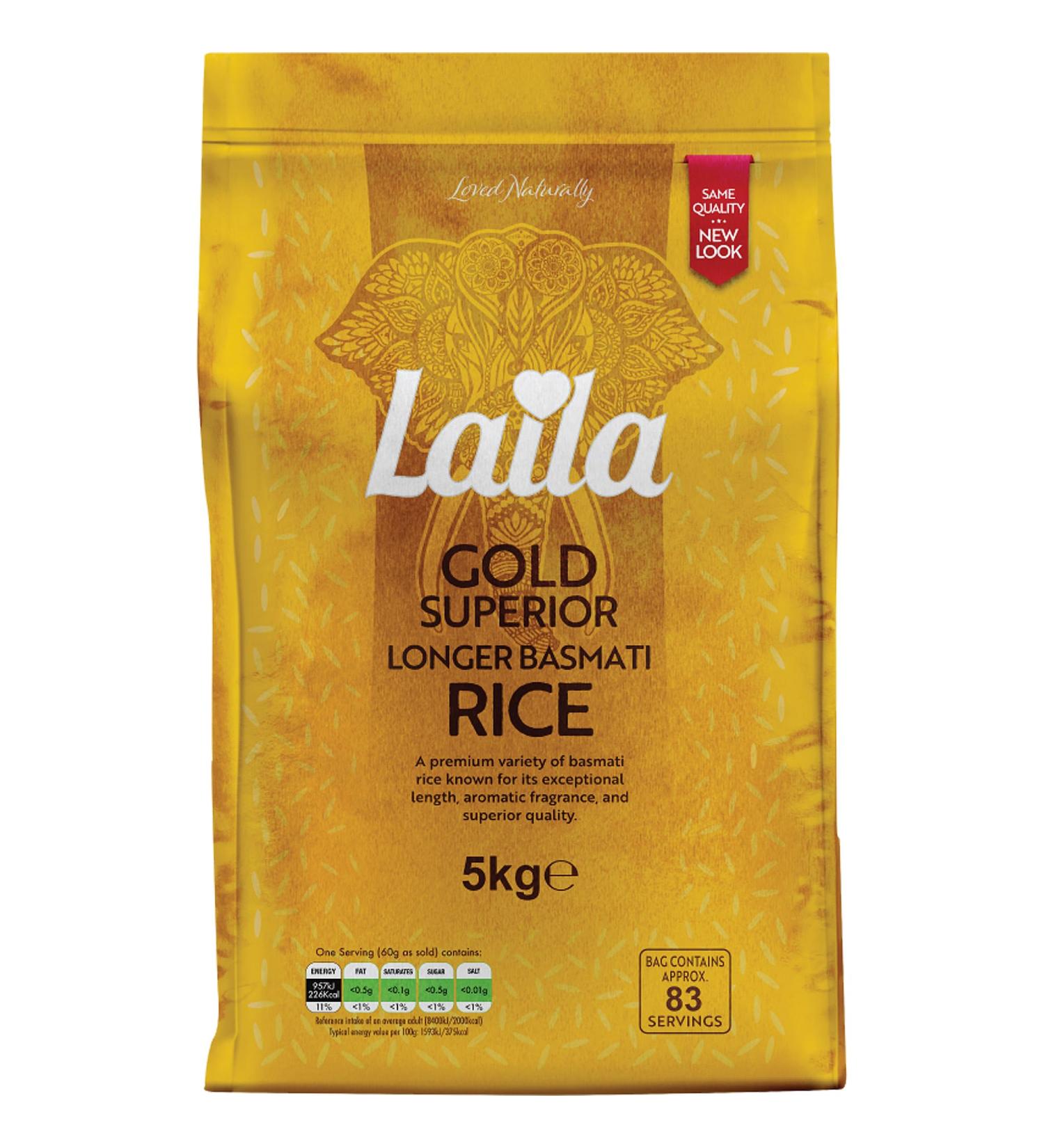  LAILA Laila Gold Superior Long Grain Basmati Rice 5 kg. Extra long grain basmati rice with a delicate aroma and authentic taste. - Buy Online on GoSupps.com