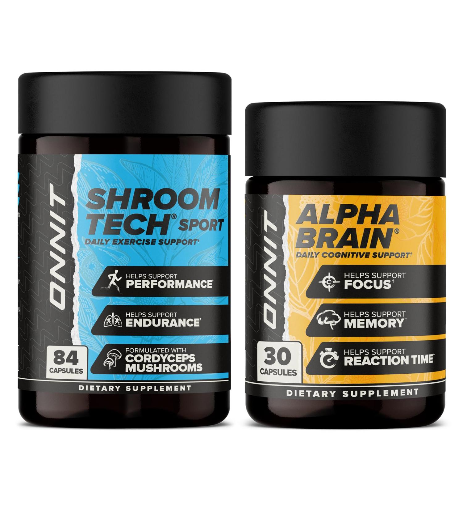 ONNIT Cognitive & Endurance Support Bundle: Alpha Brain Nootropic Capsules (30 Count) + Shroom Tech Sport Exercise Support Capsules (84 Count) IGEN Non-GMO Tested Focus Energy & Endurance Pack of 2 - Buy Online on GoSupps.com