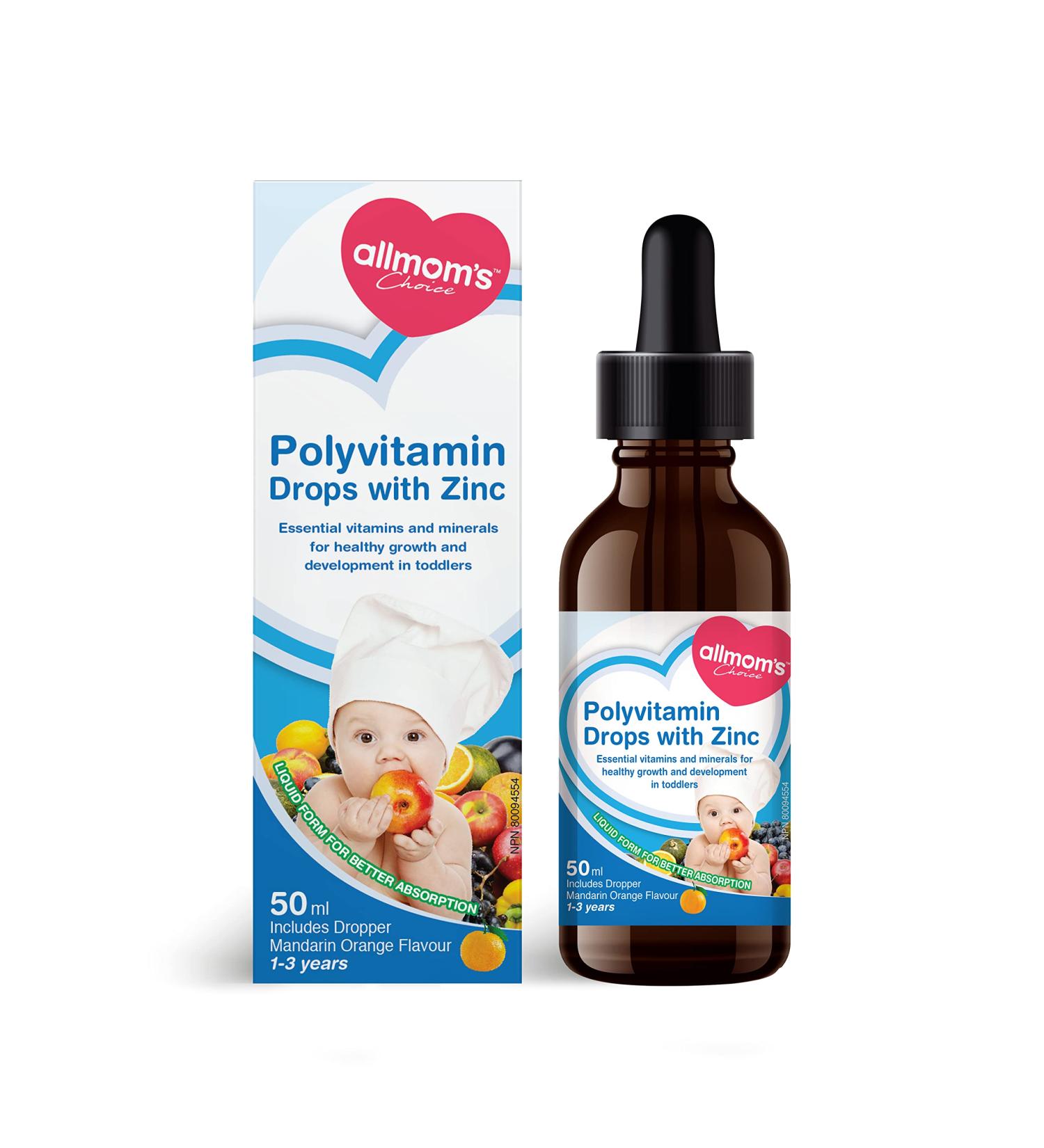 Allmoms - Polyvitamin Drops with Zinc 50ml - 9 Essential Vitamins and Minerals for Healthy Growth and Development in Toddlers - Immunity Boost Appetite Vision Care and Brain Health - 1 to 3 Years - Buy Online on GoSupps.com