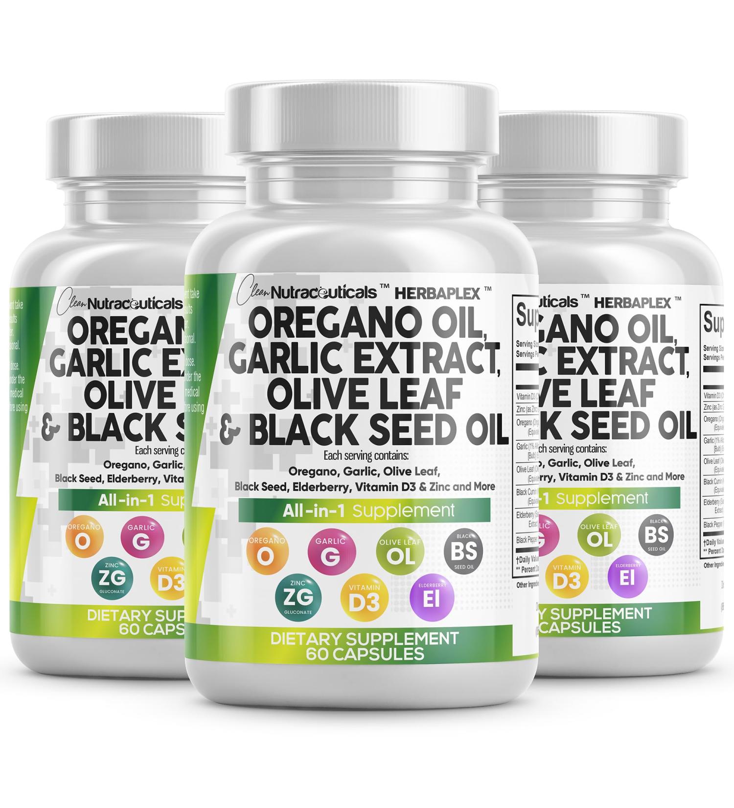 Clean Nutraceuticals Oregano Oil Garlic Extract Olive Leaf Black Seed Oil - Immune Support & Digestive Health Supplement for Women and Men with Vitamin D3 & Zinc - 3Pack - Buy Online on GoSupps.com