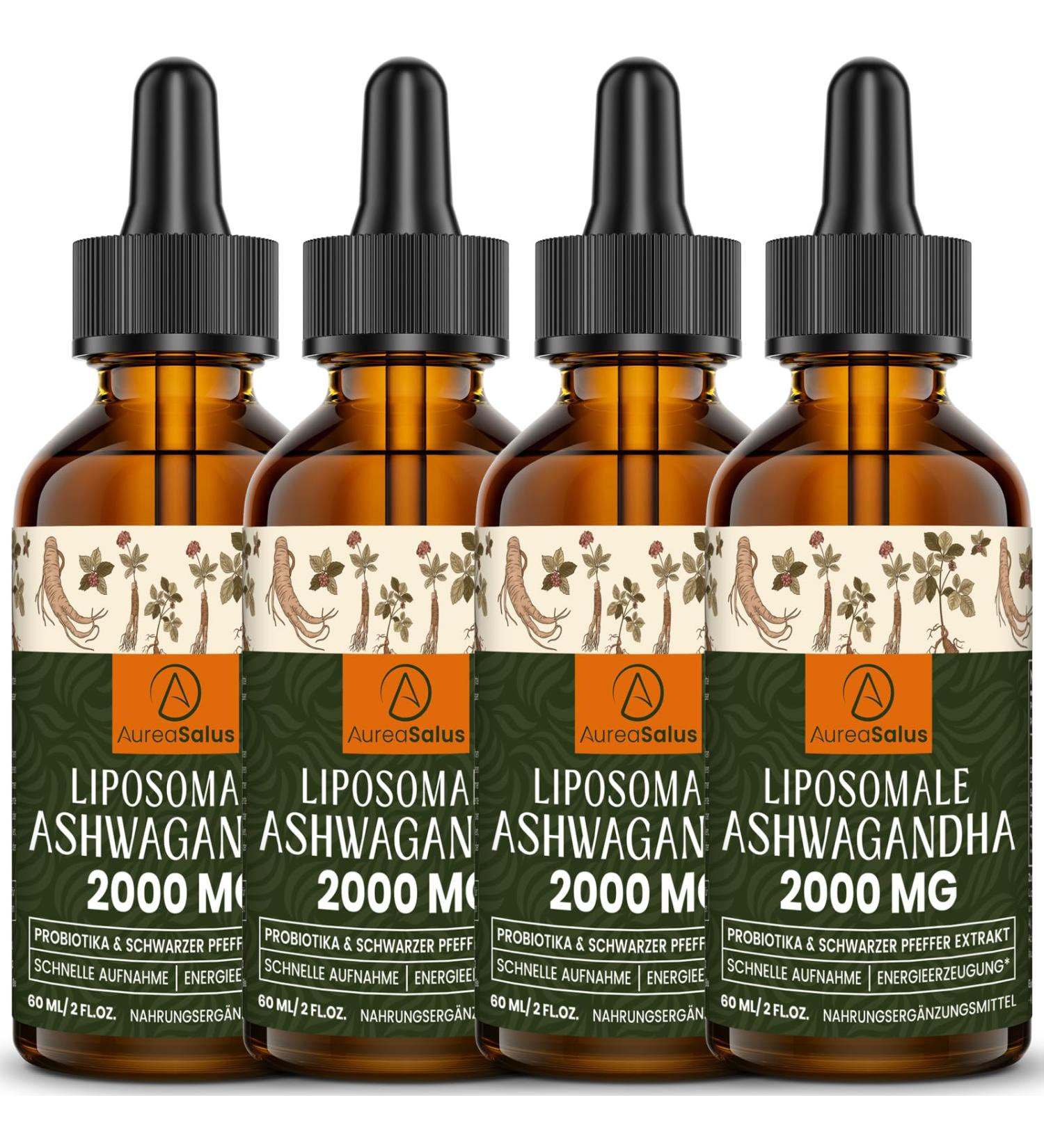 Aureasalus Liposomal Ashwagandha Drops 2000 mg - Pure Natural Extract with Probiotics & Black Pepper (4 Pack 60 ml) - Boost Wellness & Stress Relief - Buy Online on GoSupps.com