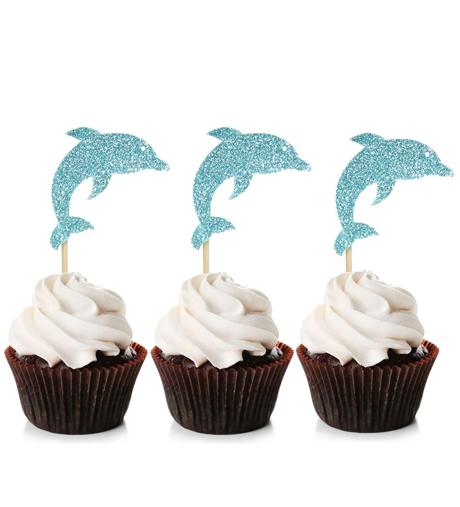 Unimall Global 24PC Glitter Blue Dolphin Cupcake Toppers - Sea Themed Birthday Decoration for Baby Party Celebrations - Buy Online on GoSupps.com