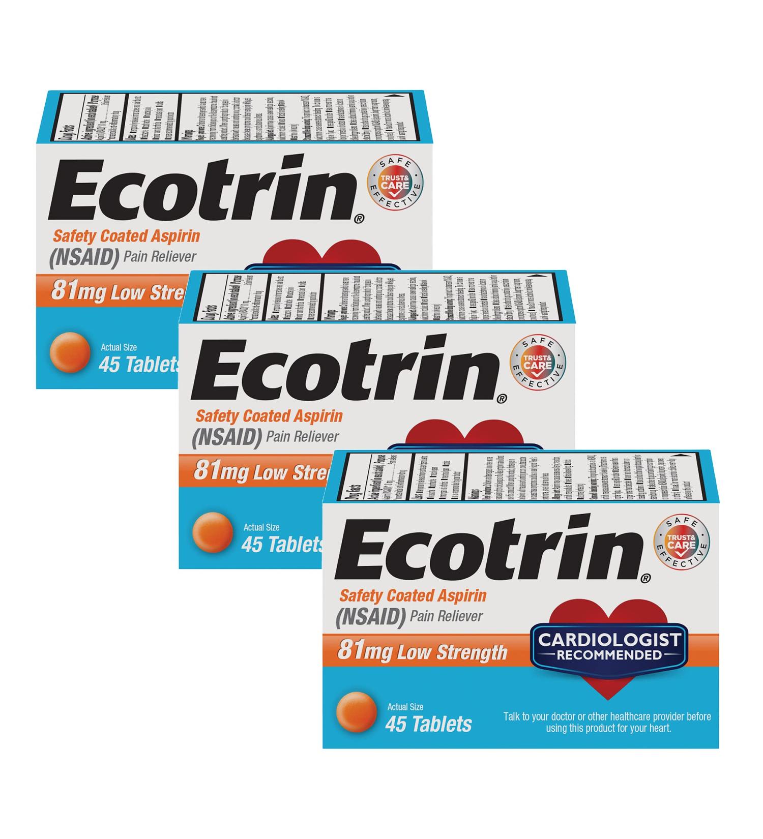 Ecotrin Low Strength Aspirin 81mg - 45 Tablets x 3 Pack | Adult Pain Relief - Buy Online on GoSupps.com