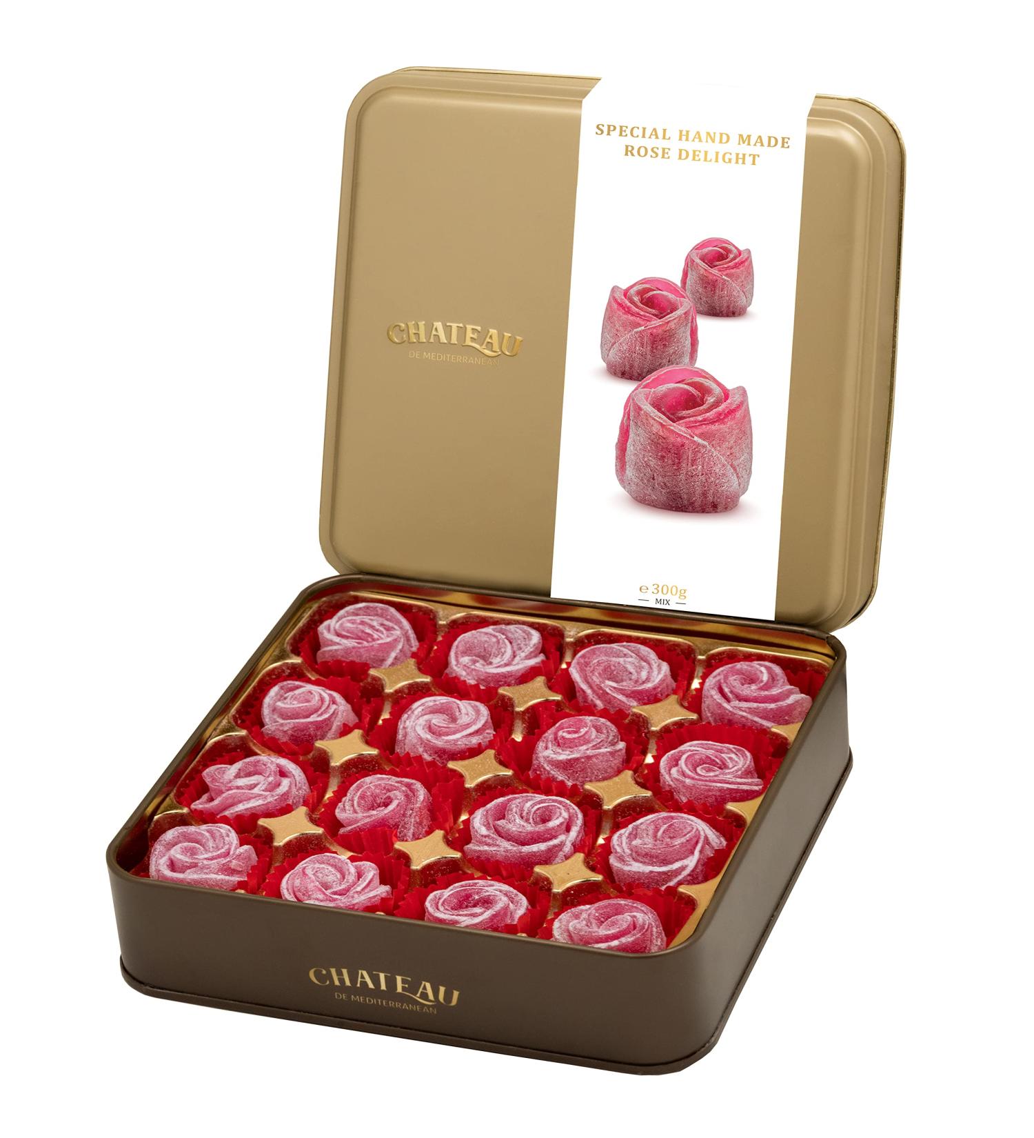Rose Turkish Delight Lokum Hand crafted Shaped flower Dessert Gourmet Gift Box Tin 16 pieces 300g Chateau de Mediterranean - Buy Online on GoSupps.com