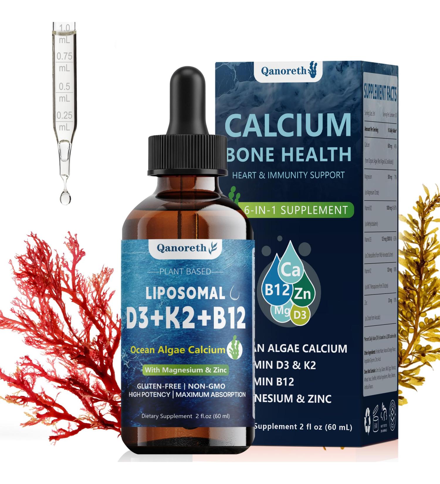 6-in-1 Liposomal Calcium 600 mg Vitamin D3 & K2 Plant Based Vegan Liquid Algae Ca-lcium & Magnesium Zinc D3 5000 IU Supplement + K2 MK7 + Methyl B12 Maximum Absorption for Bone Heart&Immune Health - Buy Online on GoSupps.com