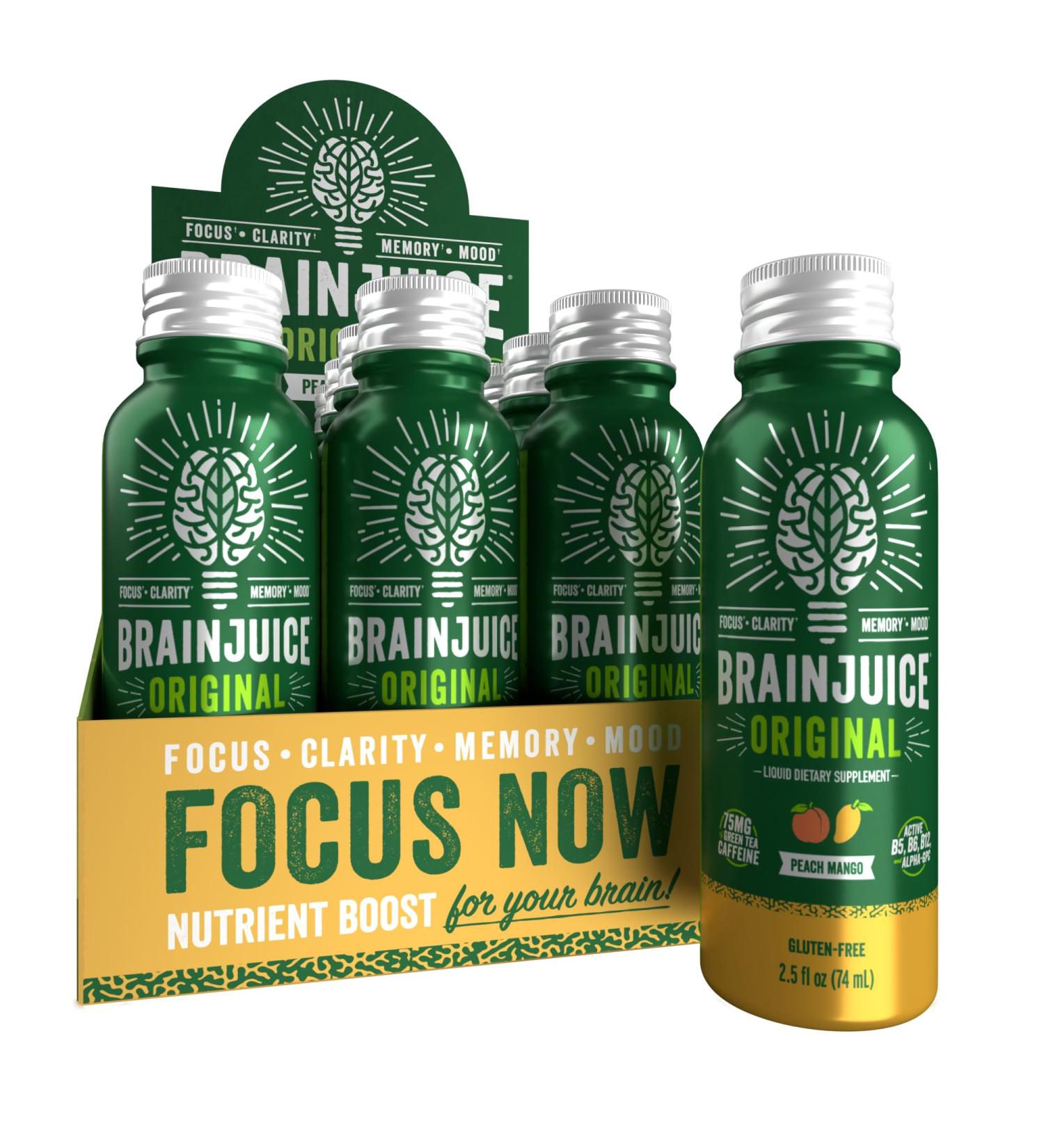 BrainJuice Brain Support Shot Gluten Free Supplement Shots for Energy & Focus Healthy Drinks with Alpha GPC Vitamin B & Organic Green Tea Extract Caffeine Peach Mango 2.5 fl oz 12 Pack Original Peach Mango - Buy Online on GoSupps.com