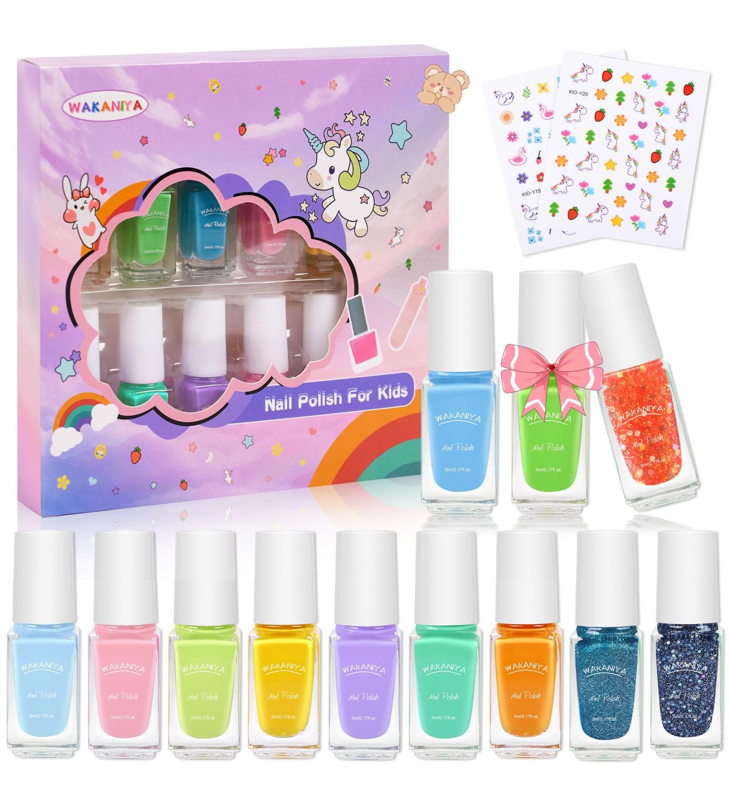 Non-Toxic Kids Nail Polish Set - 12 Colors with Unicorn Stickers | Quick Dry Water-Based Varnish Kit for Girls, Teens & Toddlers - Buy Online on GoSupps.com