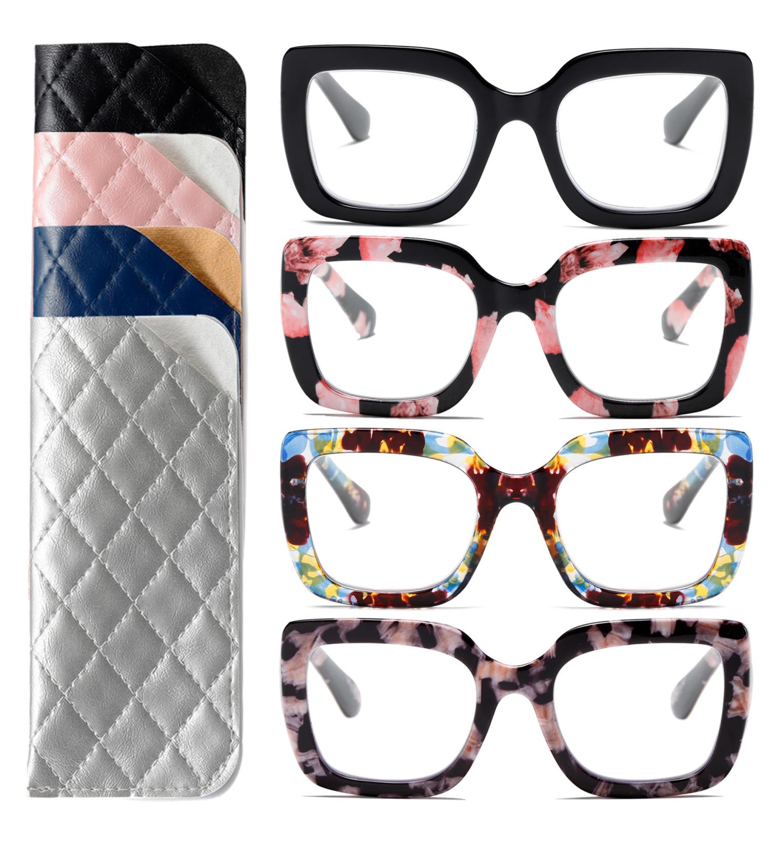 4 Pack Retro Oversized Reading Glasses for Women - Blue Light Blocking Spring Hinge PU Leather Cases - Stylish and Comfortable Readers (1.0x - Buy Online on GoSupps.com