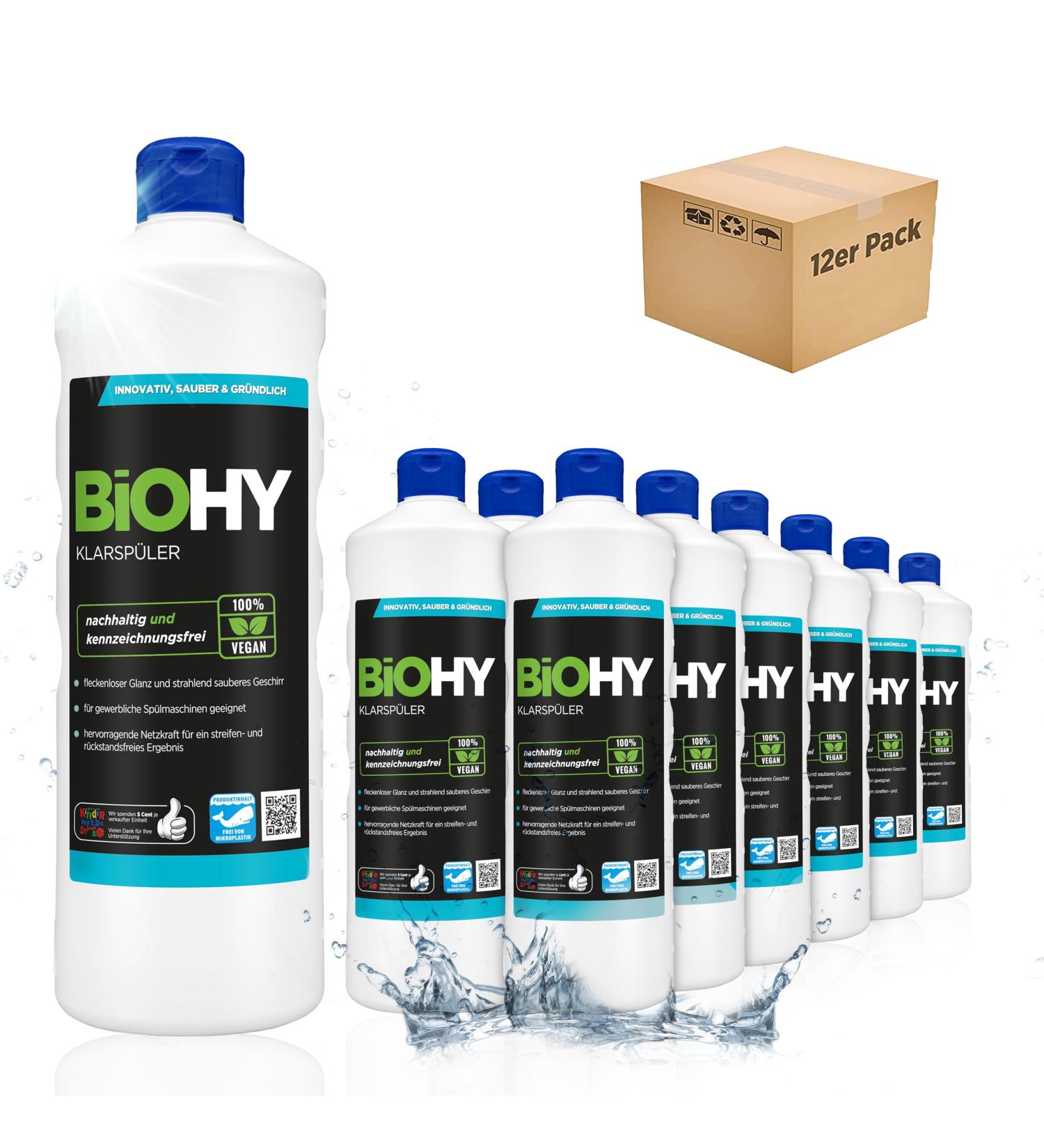 Biohy Clear Organic Dishwasher Liquid (12 x 1L) | Extra Strong Fat Solver for Home & Gastronomy | Shine on Glass & Dishes - Buy Online on GoSupps.com