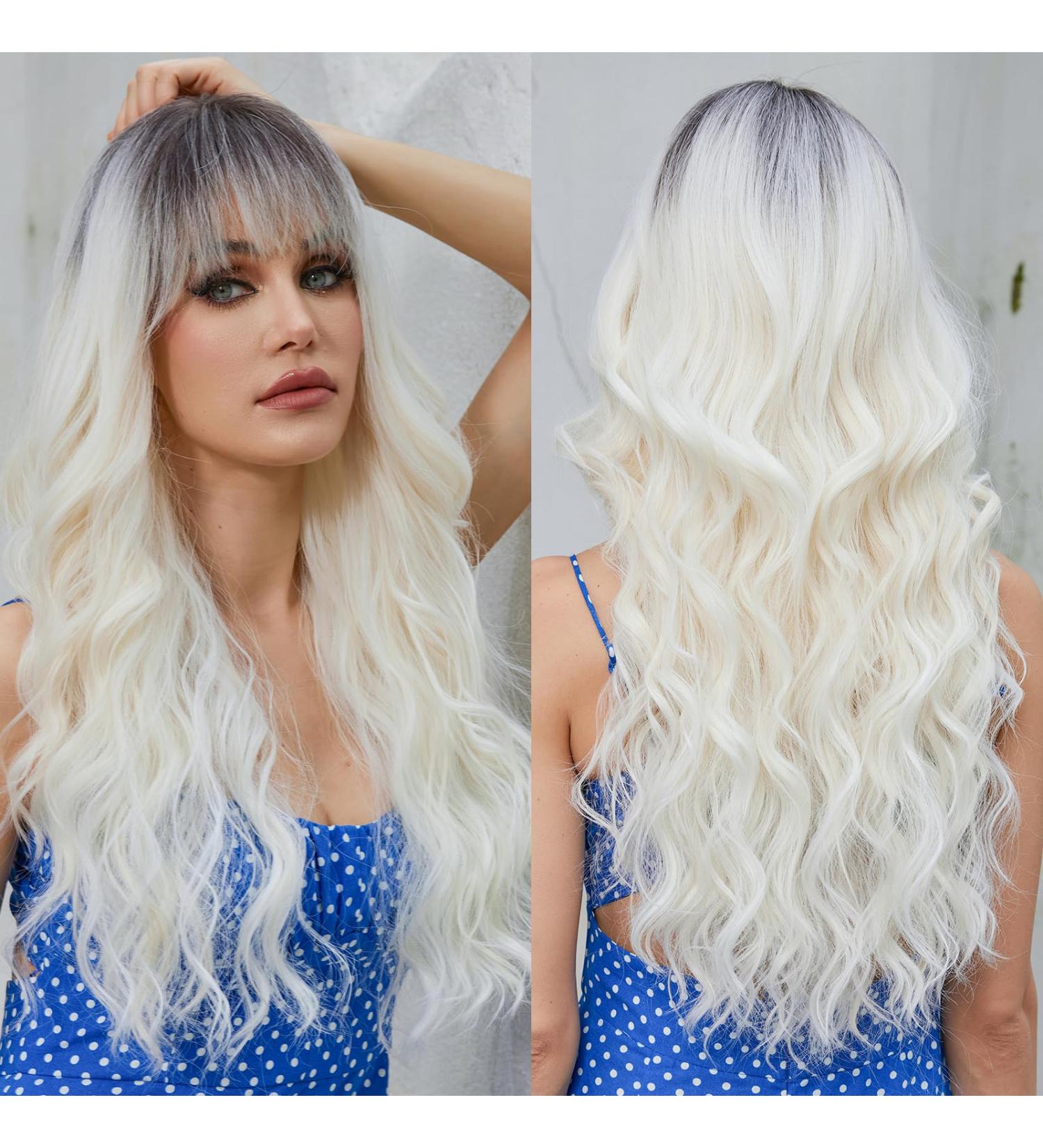 EMMOR Ombre Platinum Blonde Long Curly Wig with Bangs - Heat Resistant Synthetic Hair for Natural Daily Look - Buy Online on GoSupps.com