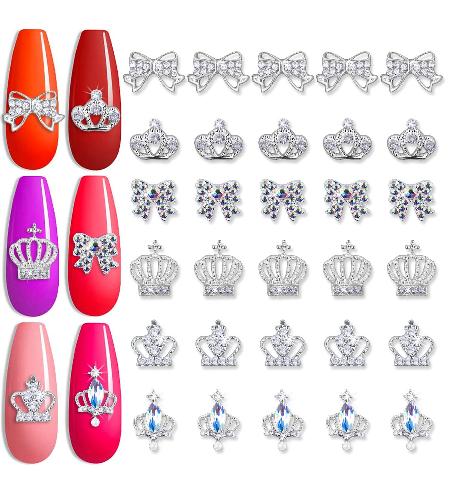 30pcs Alloy Silver Crown and Bow Nail Charms with Clear Rhinestone - Nail Art Accessories for Women and Girls - Buy Online on GoSupps.com