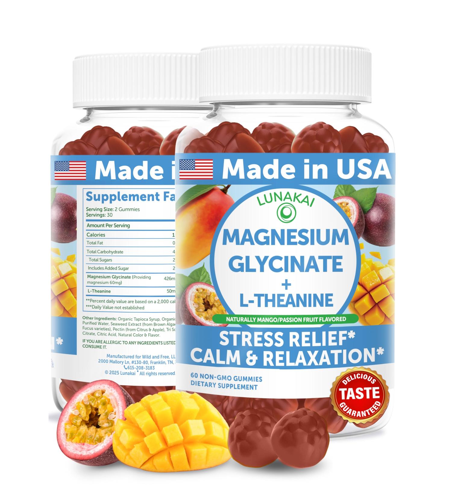 Lunakai USA Made Magnesium Glycinate Gummies with L-Theanine for Kids & Adults 420mg Magnesium Supplement for Calm Sleep & Stress Support 60ct 60 Count (Pack of 1) - Buy Online on GoSupps.com