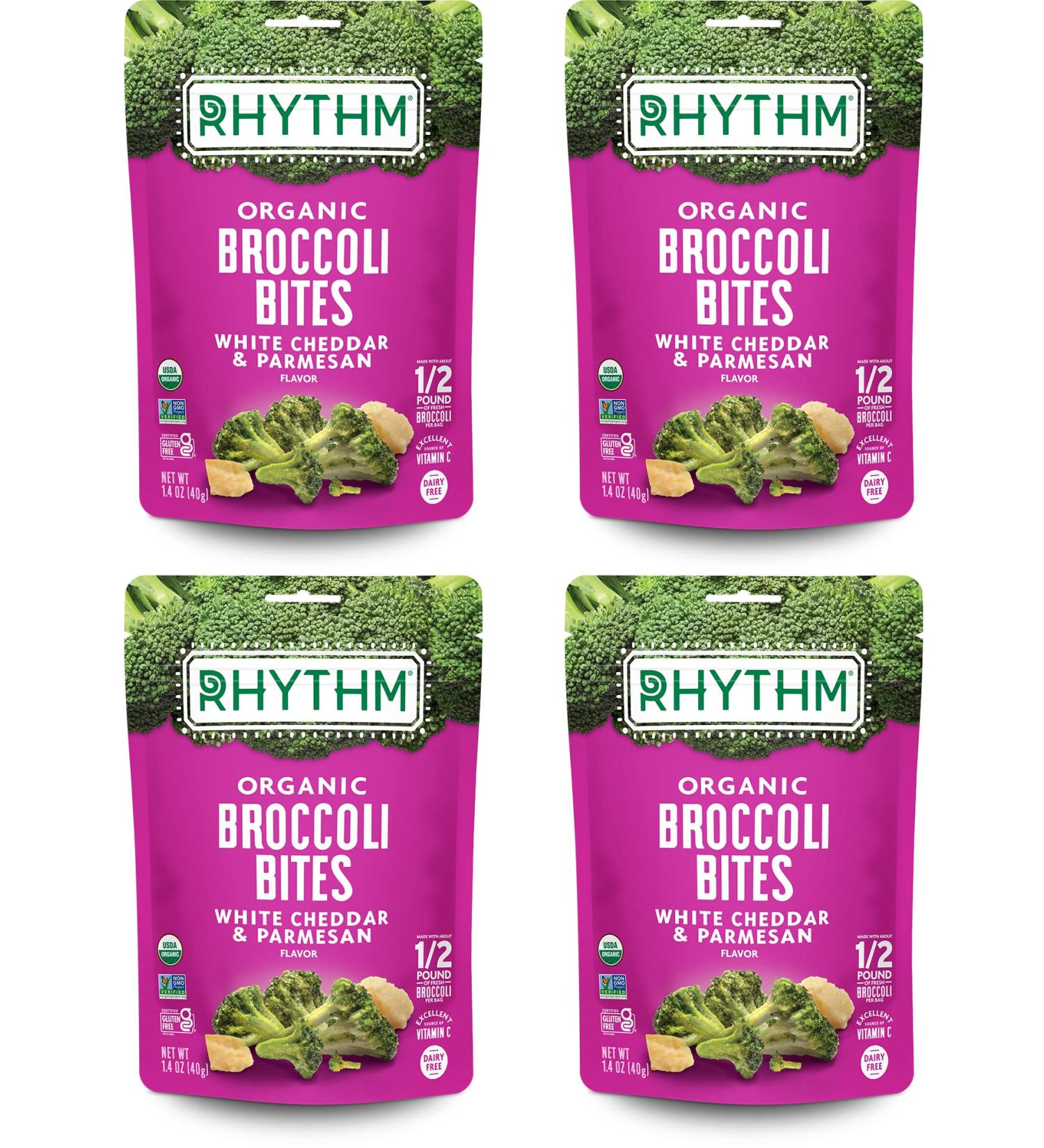 Rhythm Superfoods Crunchy Broccoli Bites - White Cheddar & Parmesan - Organic, Non-GMO, Vegan/Gluten-Free - 1.4 Oz (Pack of 4) - Buy Online on GoSupps.com