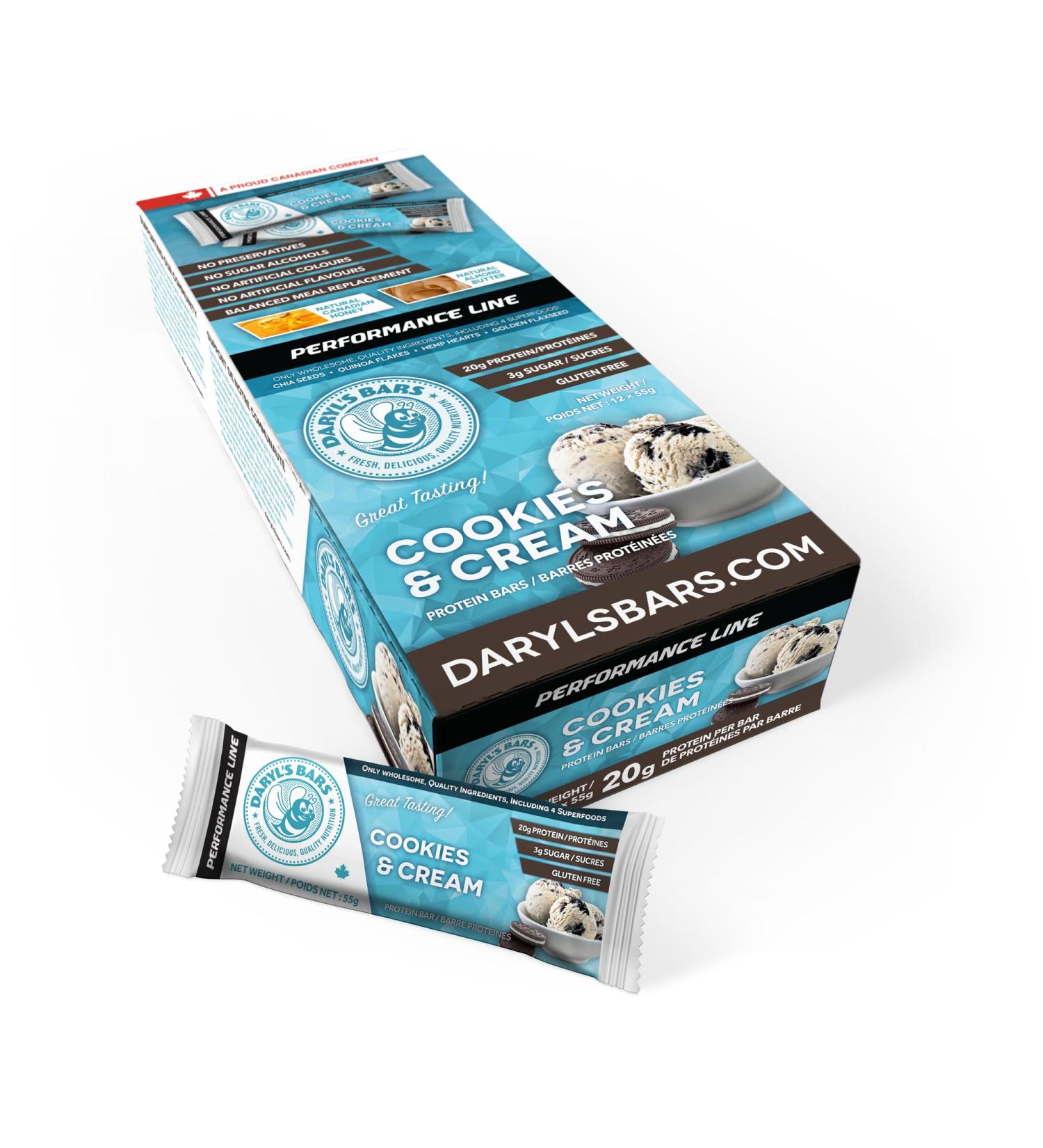 Daryl's Bars - Cookies & Cream PERFORMANCE Protein Bars - 20g Protein 3g Sugar Gluten Free (Box of 12 Bars)