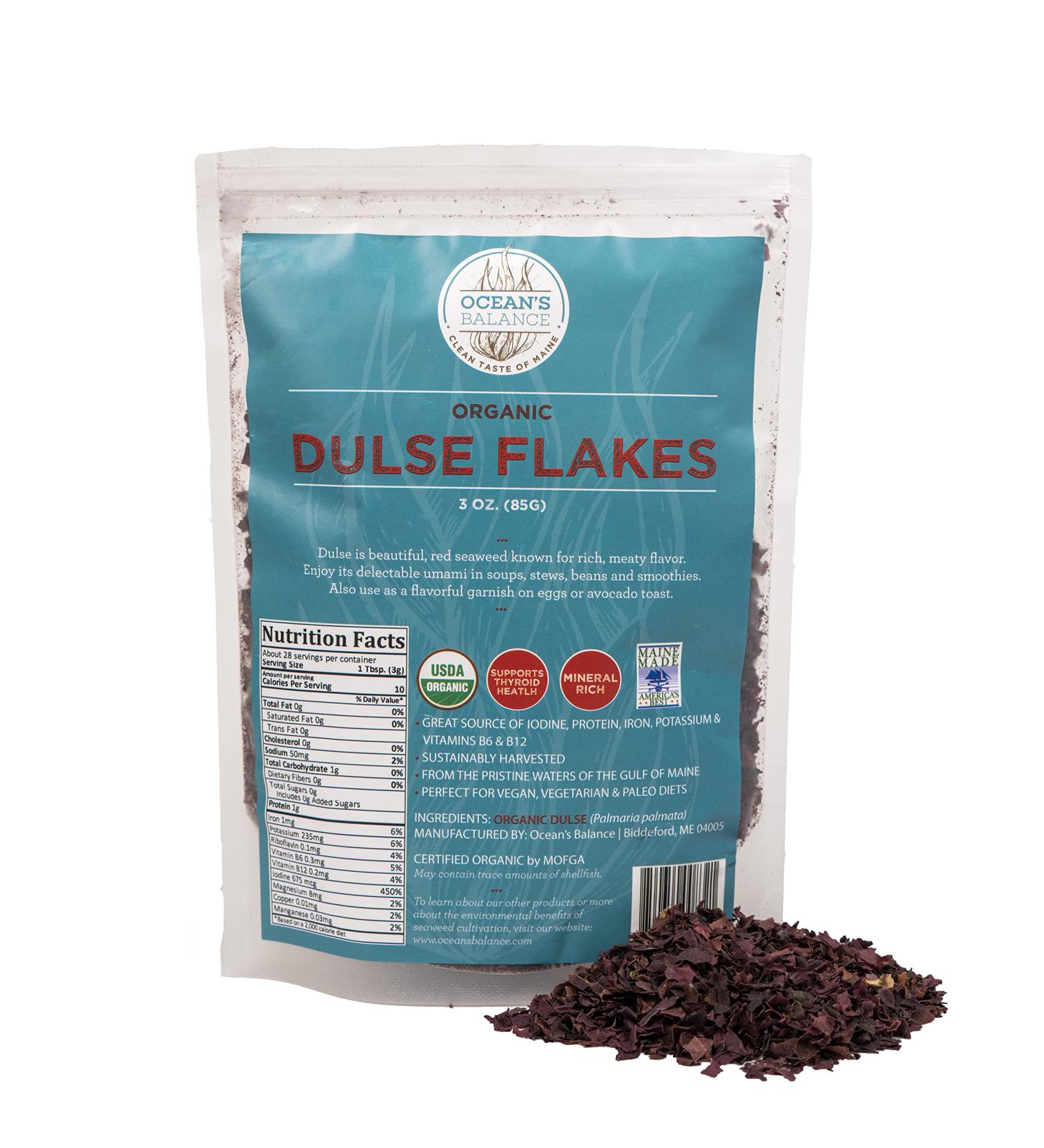 Organic Dulse Flakes from Maine Coast Seaweed - Atlantic Ocean Sea Vegetables for Keto, Paleo, Vegan, and Gluten-Free diets - 3oz Bag - Buy Online on GoSupps.com