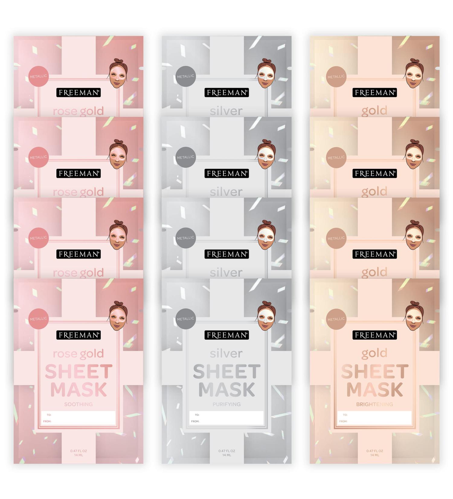 FREEMAN Limited Edition Christmas Metallic Sheet Masks Variety 12 Pack - Brightening Gold, Purifying Silver, Soothing Rose Gold - Perfect Gift for Her - Buy Online on GoSupps.com