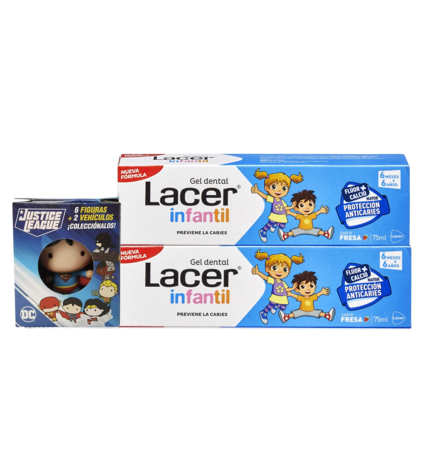 LACER JUNIOR Duplo Children's Dental Gel 75 ml with Justice League figure, for children from 6 months to 6 years, prevents cavities, fluoride plus calcium formula, takes care of baby teeth