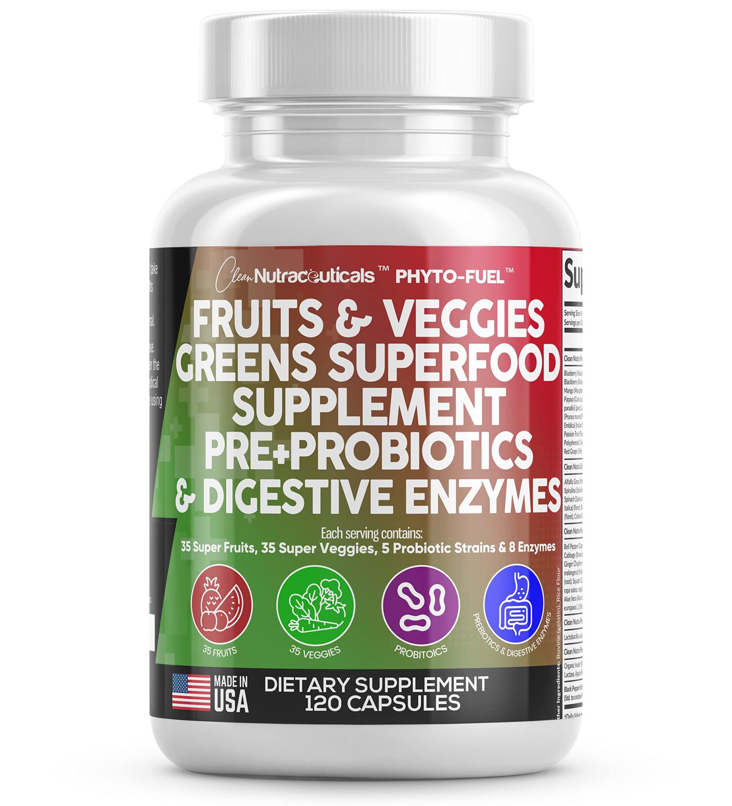 Reds & Greens Superfood Supplement - 120 Ct Capsules with 70+ Fruit & Vegetable Extracts, Probiotics, Prebiotics, Digestive Enzymes, Spirulina - Made in USA - Buy Online on GoSupps.com