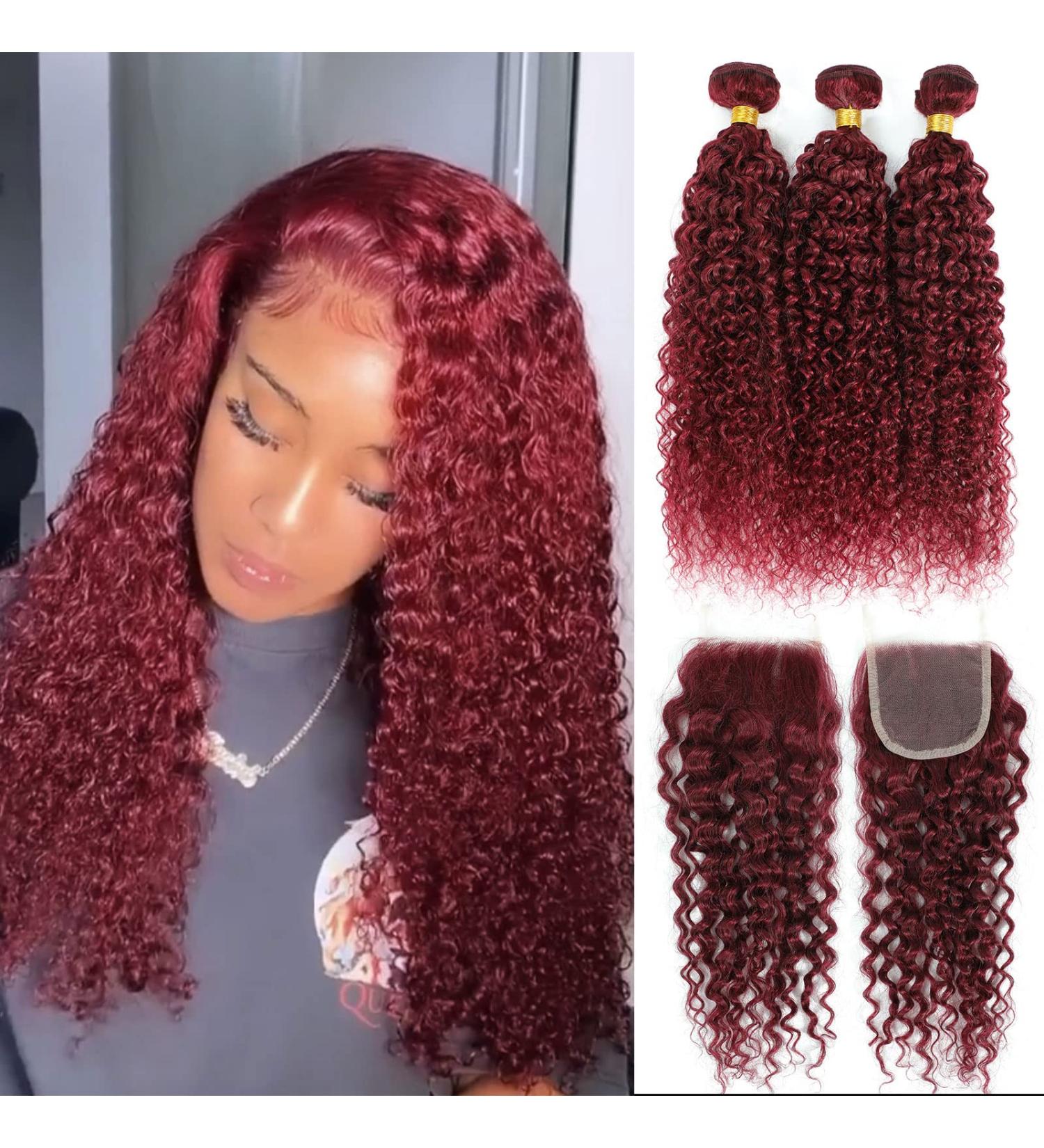 12A Grade 99j Burgundy Water Wave Hair 3 Bundles with Closure - Brazilian Virgin Remy Wine Red Ocean Wave Hair Extensions (12 14 16+10) - Buy Online on GoSupps.com