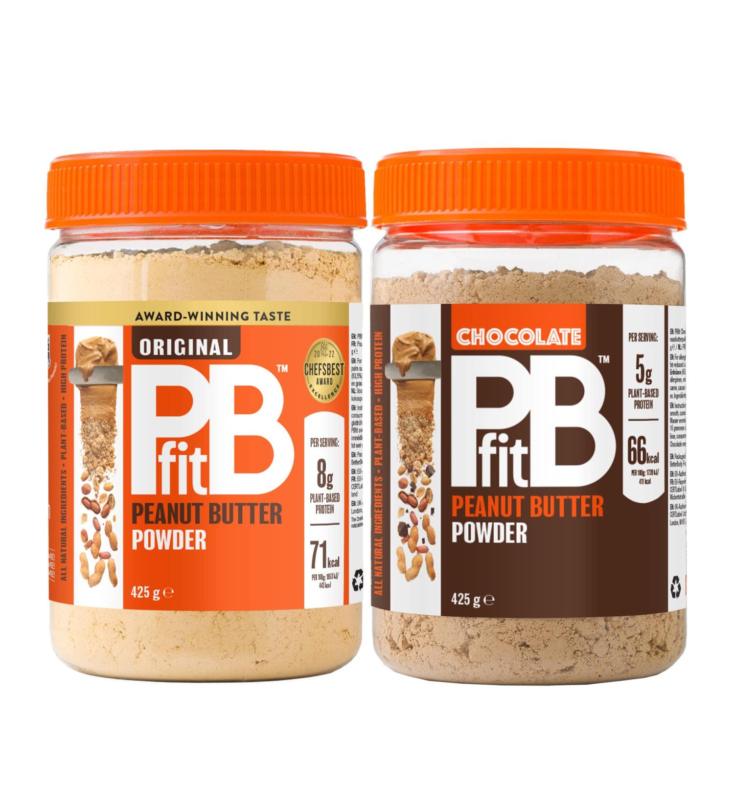PBfit Peanut Butter Powder - Original & Chocolate - 87% Less Fat Gluten Free All Natural Nut Butter Spread - Powdered Peanut Butter from Real Roasted Peanuts - 425g (Pack of 2) - Buy Online on GoSupps.com