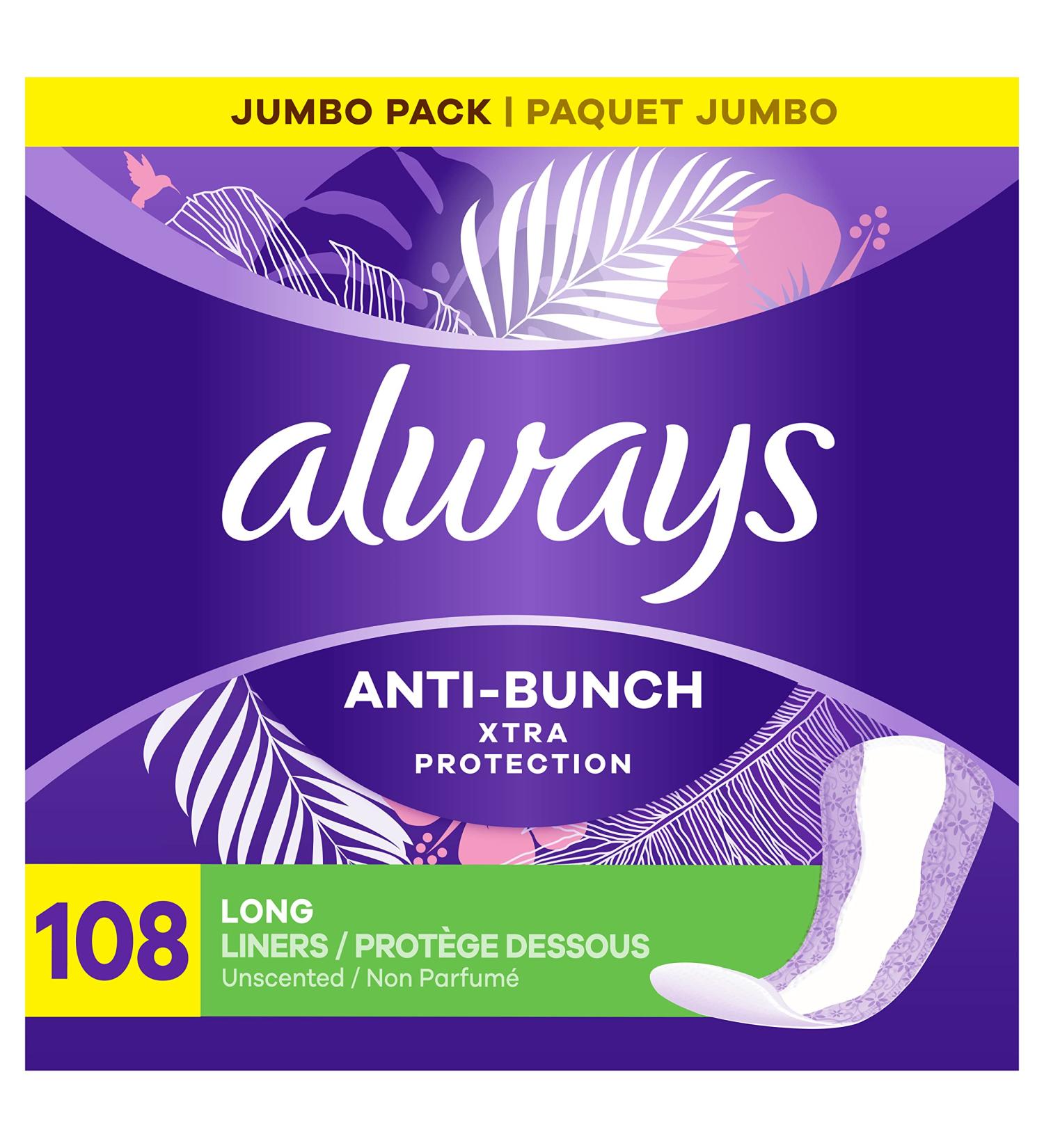 Always Anti-Bunch Xtra Protection Long Daily Liners - 108 Count Unscented, Comfortable, Anti-Bunch Technology - Buy Online on GoSupps.com