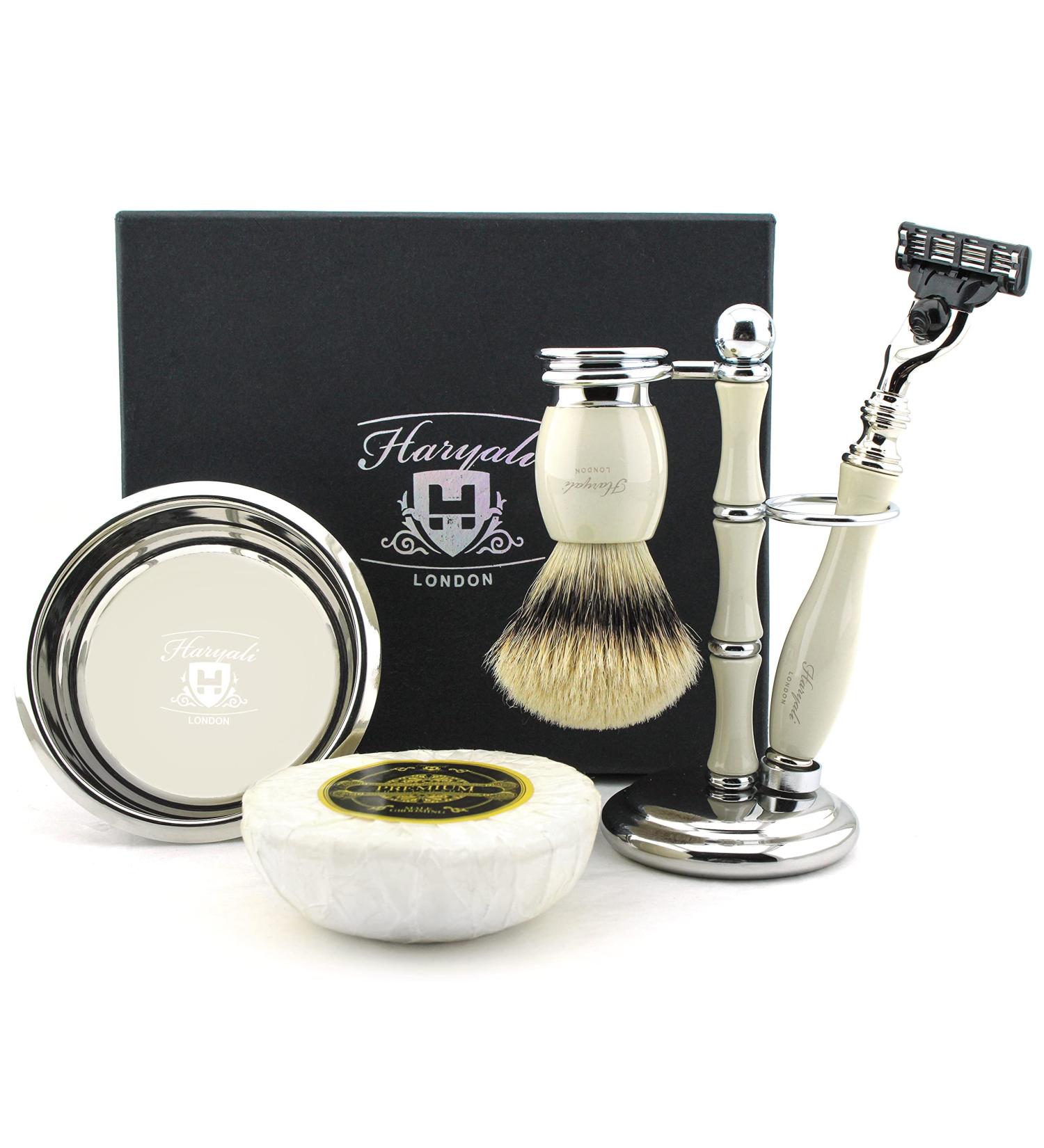 Haryali London Men's Shaving Set with Pure Silver Tip Badger Hair Brush - Ivory Color | Triple Edge Razor Holder, Shaving Bowl, Soap | Special Edition - Buy Online on GoSupps.com