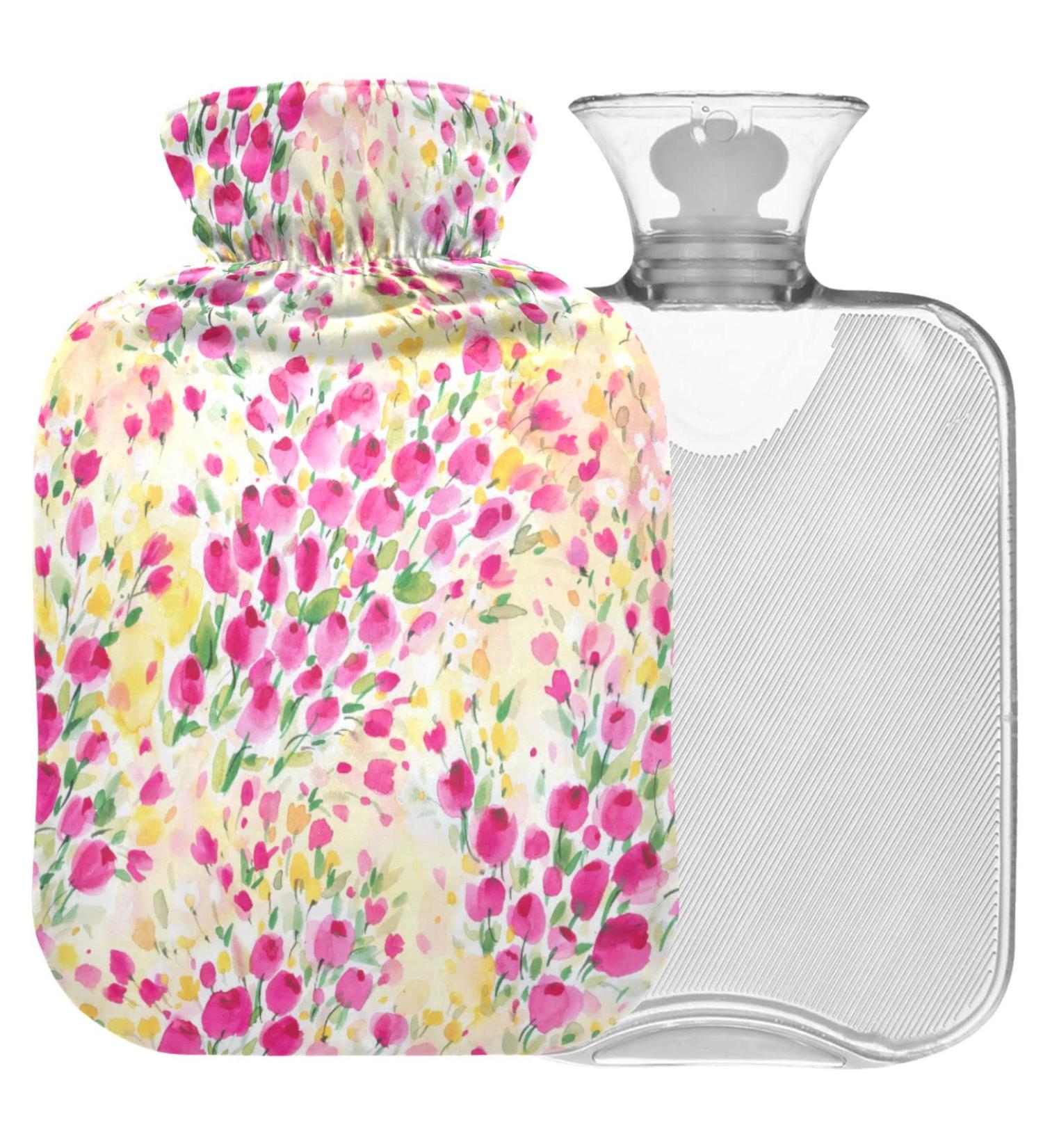 NAANLE 1L Transparent Hot Water Bottle with Lid Floral Watercolor Design for Back Pain Relief Neck Comfort and Heat Cold Therapy - Buy Online on GoSupps.com