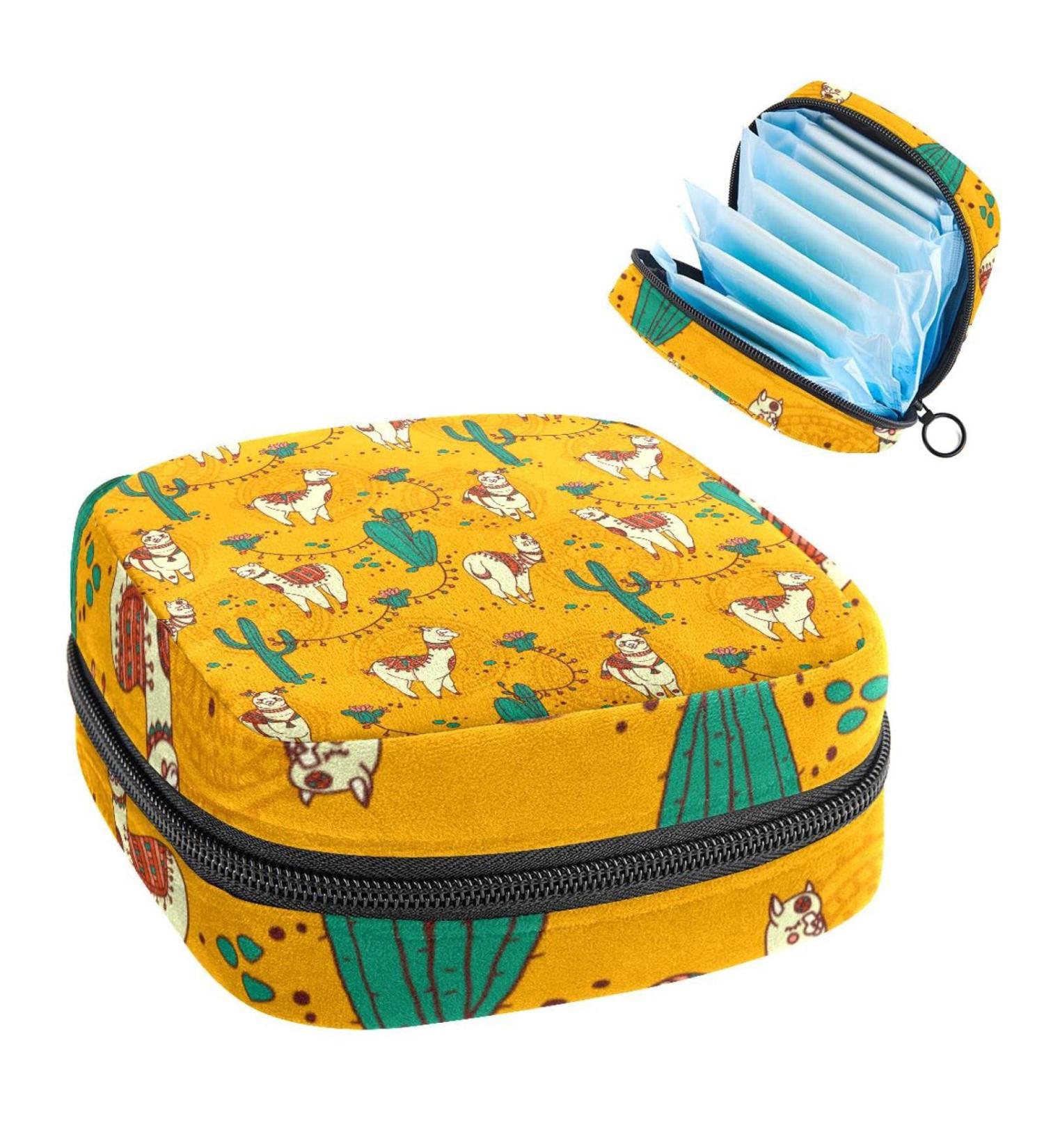 Women's Portable Period Kit - Ethnic Lama Alpaka Storage Pockets Holder in Green & Yellow - Feminine Product Bag for Girls - Buy Online on GoSupps.com