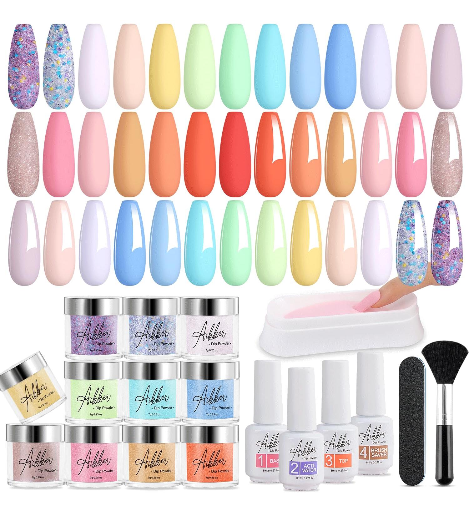 Aikker 20 Spring Colours Dip Powder Nail Kit - 27 Pcs Glitter Purple Pink Orange Acrylic Dipping Powder Set with Base Top Coat Activator - French Nail Art Manicure AK33 - Buy Online on GoSupps.com