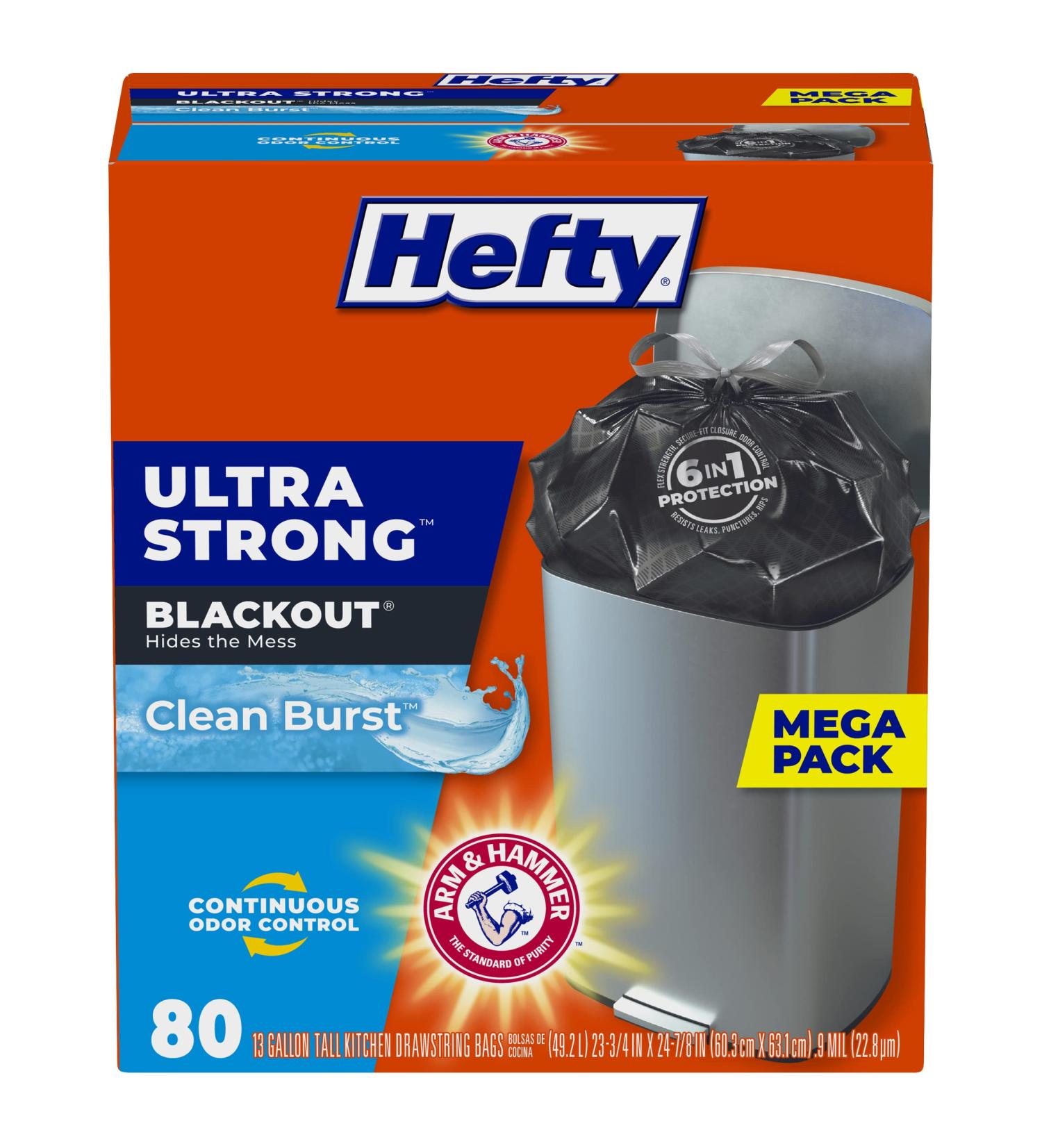 Hefty Ultra Strong Tall Kitchen Trash Bags, Blackout, Clean Burst, 13 Gallon, 80 Count - Buy Online on GoSupps.com