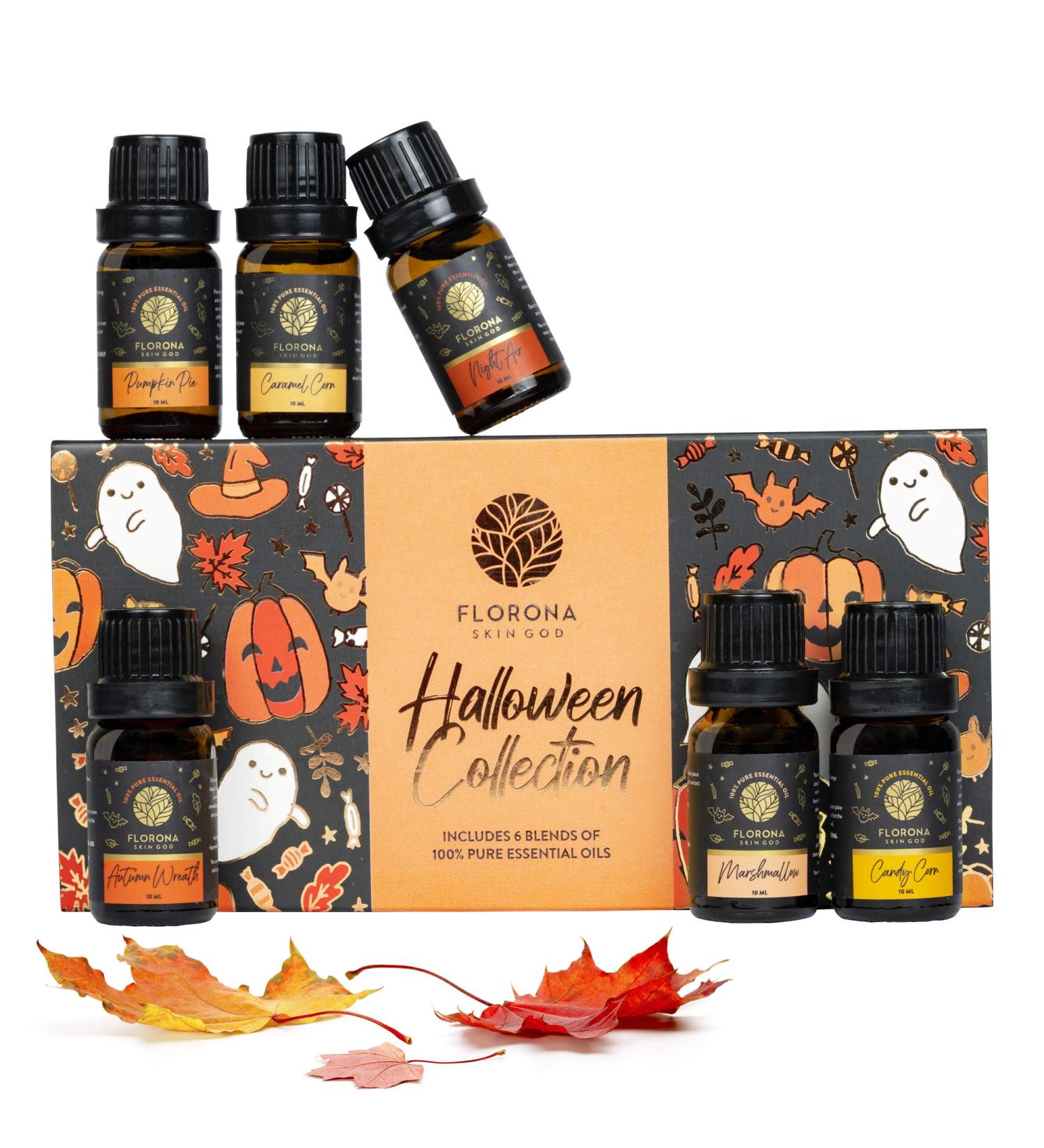 Florona Halloween Fragrance Oil Gift Set - 6 Scents for Aromatherapy - 1 fl oz each - Autumn Wreath, Pumpkin Pie, Candy Corn, Marshmallow, Night Air, Caramel Corn - Buy Online on GoSupps.com