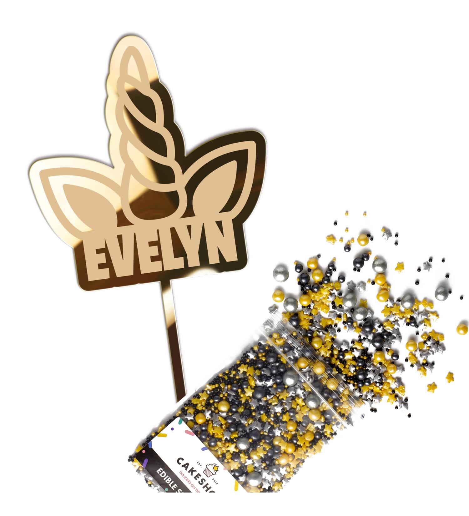 Cakeshop Cake Decoration Pack | Cute Unicorn Horn Premium 3mm Mirror Acrylic Plastic Cake Topper Sign & 25g Party Pack of Cake Sugar Sprinkles | Custom Name Cake Decorations (Gold) Prime Mirror Acrylic: Gold - Buy Online on GoSupps.com