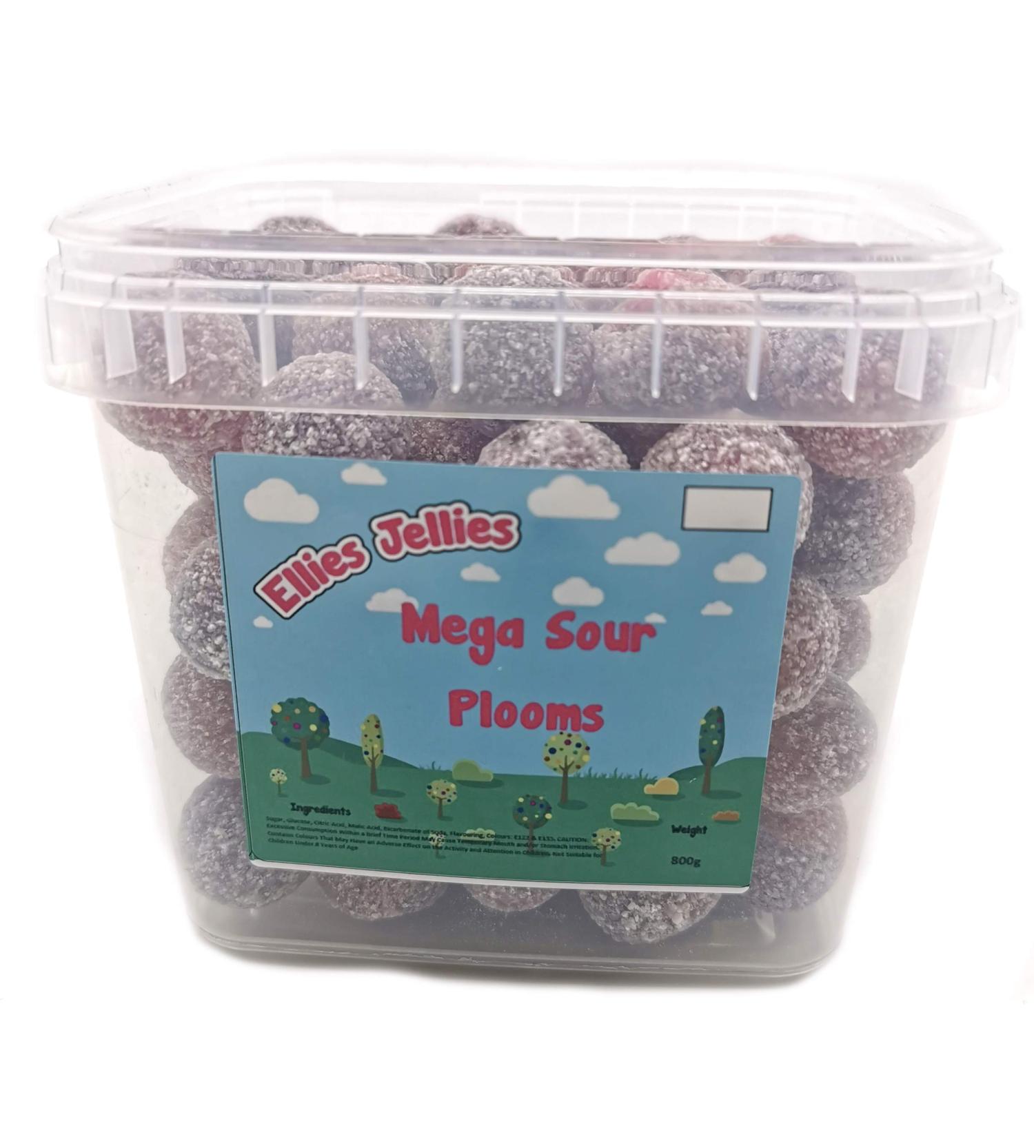 Ellies Jellies Mega Sour Plooms 800g Square Tub Sugar Coated Mega Sour Plooms Tingling Sweets
