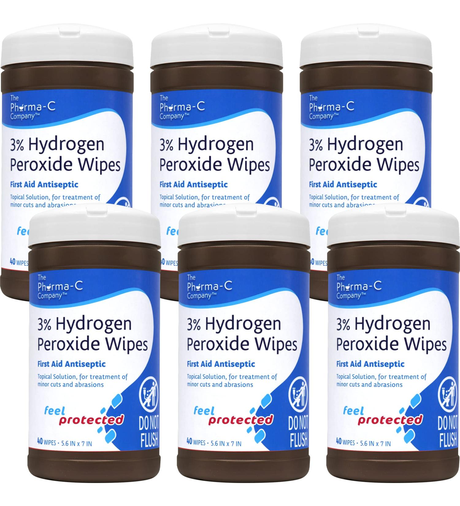 Pharma-C 3% Hydrogen Peroxide Wipes 6-Pack - 40ct Canisters - Skin Safe Antiseptic Wound Cleaner - Made in USA - Buy Online on GoSupps.com