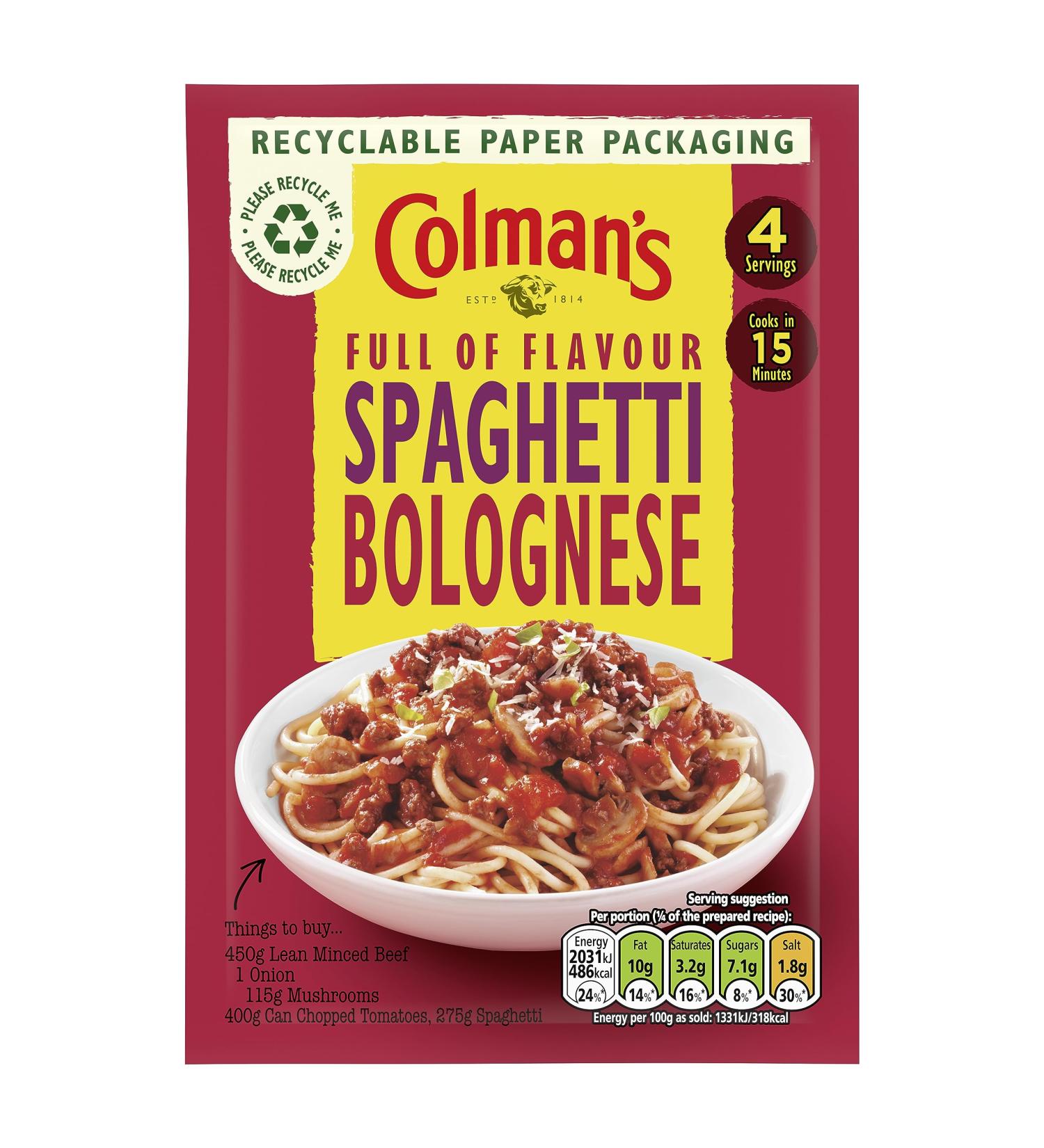 Colman's Spaghetti Bolognese Recipe Mix Delicious with Grated Cheddar Cheese Quick to Prepare Sauce Mix 44 g - Buy Online on GoSupps.com
