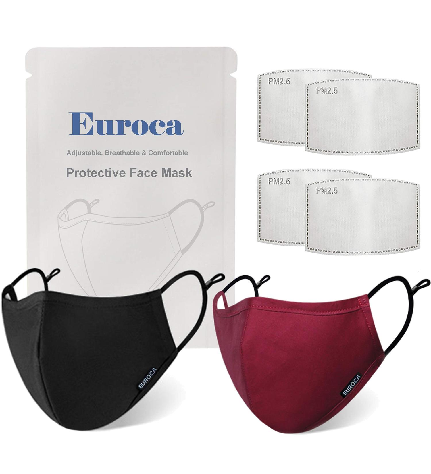 Euroca 4-Layer Cloth Face Mask Reusable Washable Adjustable For Adult -2 Packs with 4 Filters Included Black Burgundy (Small) - Buy Online on GoSupps.com