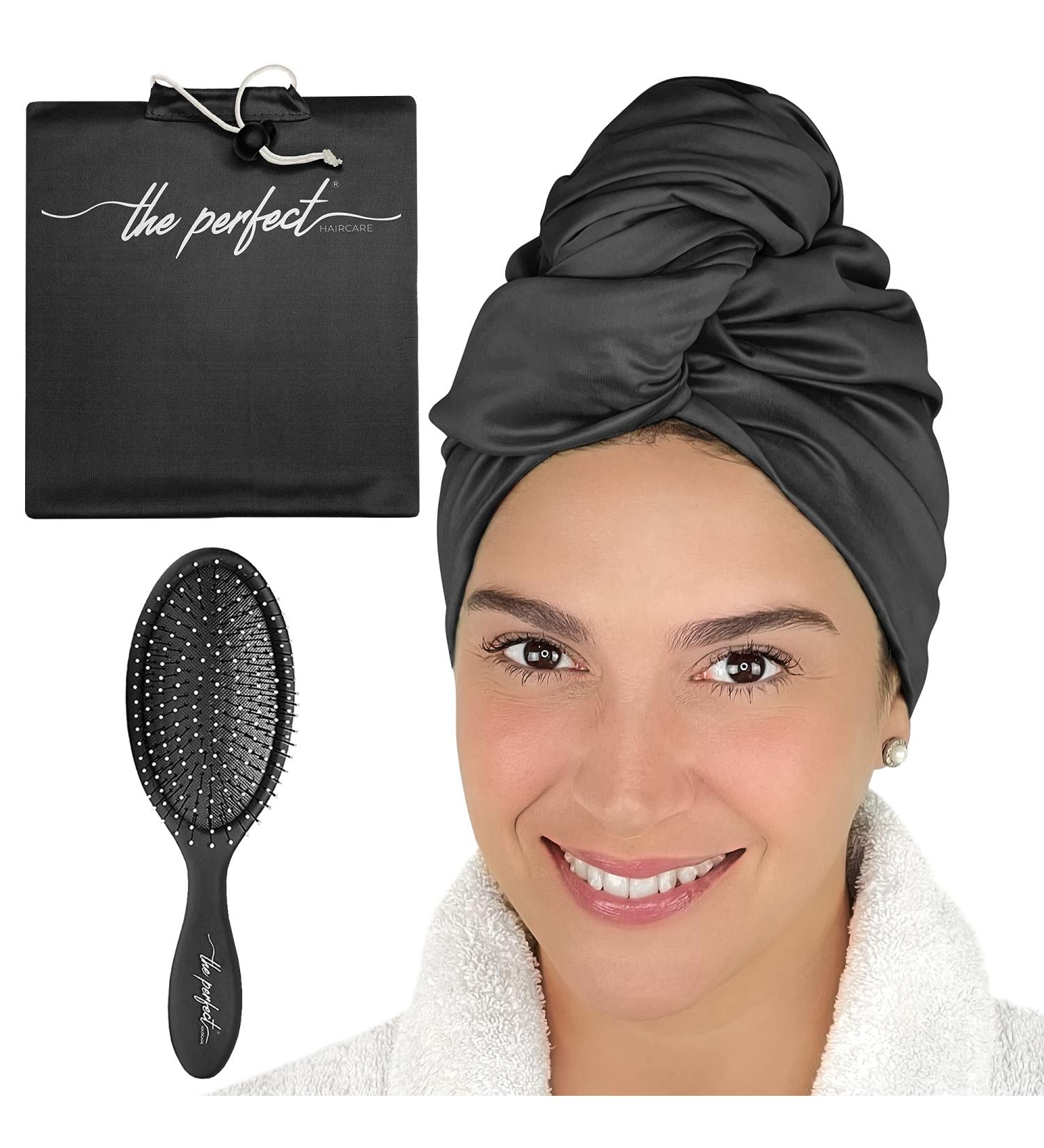 Ultra-Fine Microfiber Hair Towel Wrap & Detangling Brush Set - Anti-Frizz Turban for Curly Hair - Quick Drying & Travel-Friendly - Black - Buy Online on GoSupps.com