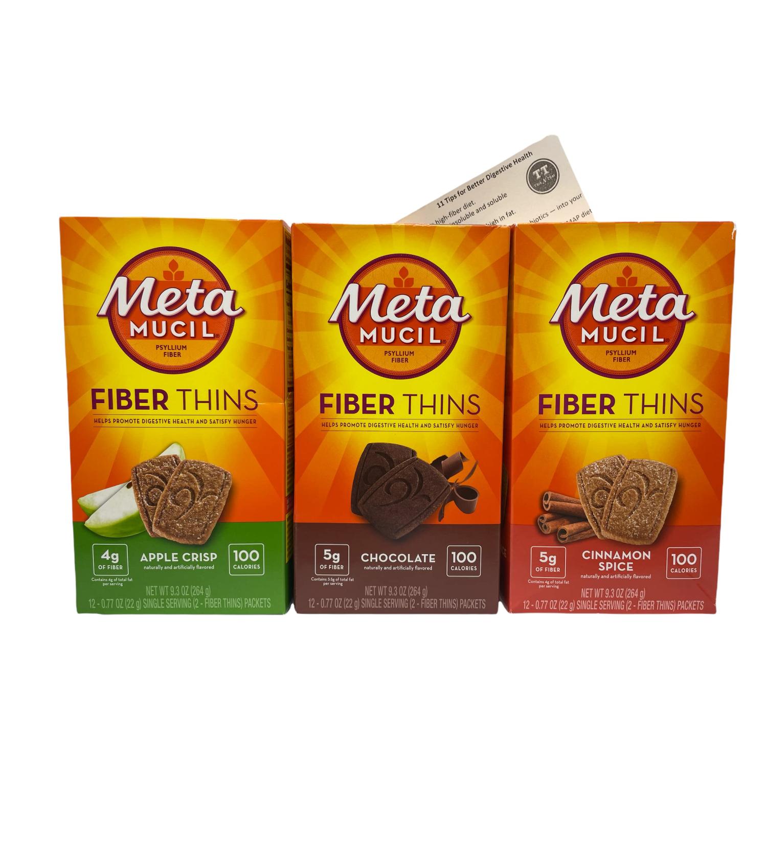 Metamucil Psyllium Fiber Thins Bundle with ThisNThat Tip Card - Apple Crisp, Cinnamon Spice, Chocolate | Digestive Health Support - Buy Online on GoSupps.com