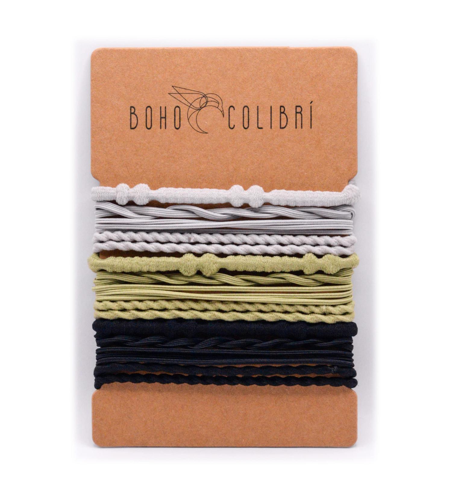 Boho Colibri Hair Tie Bracelets - Fits Medium & Larger Wrists | 15-Piece Set in Green, Gray, Black - Buy Online on GoSupps.com