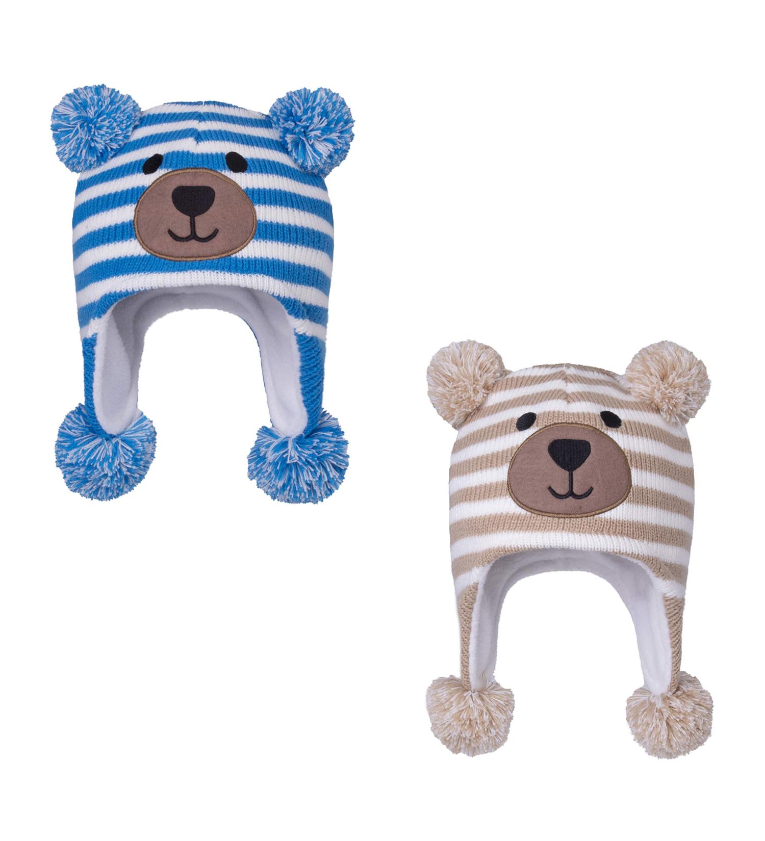 LANGZHEN Toddler Winter Hat Earflap Knit Cap Fleece Lined Beanie for Baby Boys Girls 1-2 Years - Blue & Beige Stripe Bear Design - Buy Online on GoSupps.com