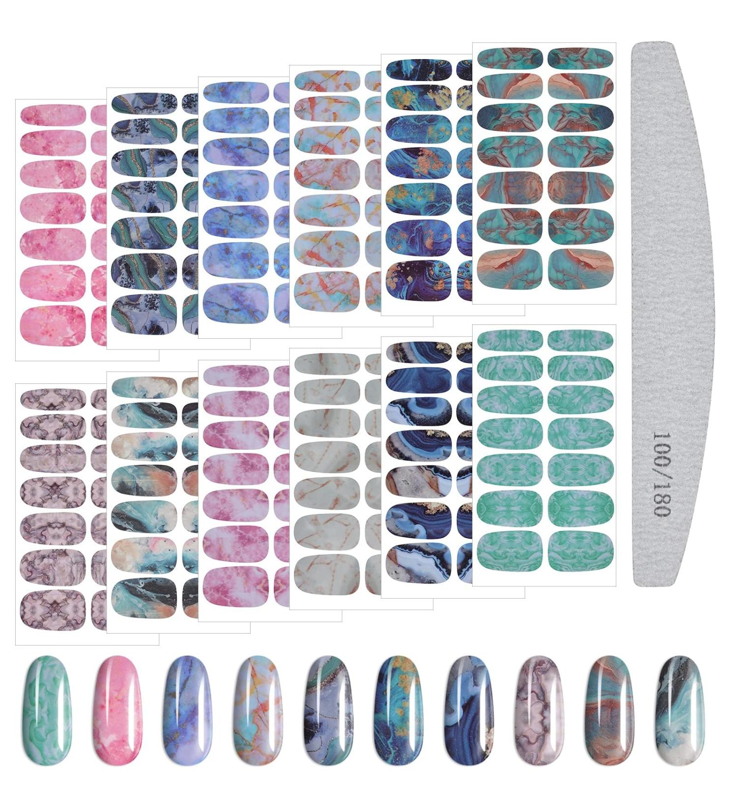 Kalolary 12-Piece Color Gradient Marble Nail Polish Stickers - Self-Adhesive Full Nail Wraps with Nail File | Trendy Monochrome Designs for Effortless Nail Art - Buy Online on GoSupps.com