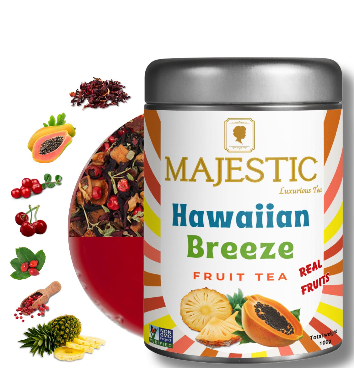 Majestic Tea_ HAWAIIAN BREEZE | Fruit Tea | Summer Refresher | Premium Loose Fruit Tea | Caffeine Free 100%| No Sugar Added Sweetened By Organic Stevia Leaf | Natural Ingredients | Tasty Either Hot or Iced | Brews Up to 35 Cups | 100g Fruit Tea. - Buy Online on GoSupps.com