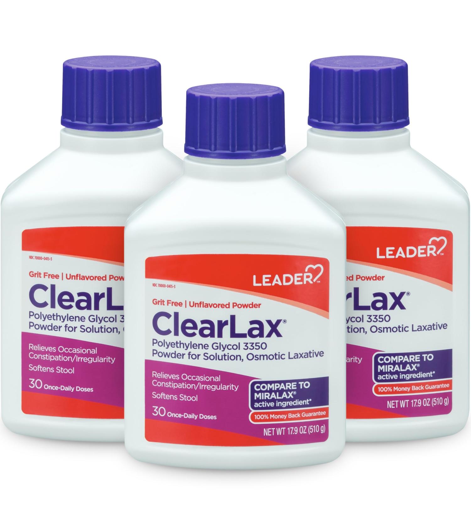Leader ClearLax Laxative Powder for Gentle Constipation Relief Grit-Free Polyethylene Glycol Osmotic Laxative Stimulant-Free Softens Stool 30-Day Supply 17.9 Ounce 30 Doses (Pack of 3) 3 17.9 Ounce - Buy Online on GoSupps.com