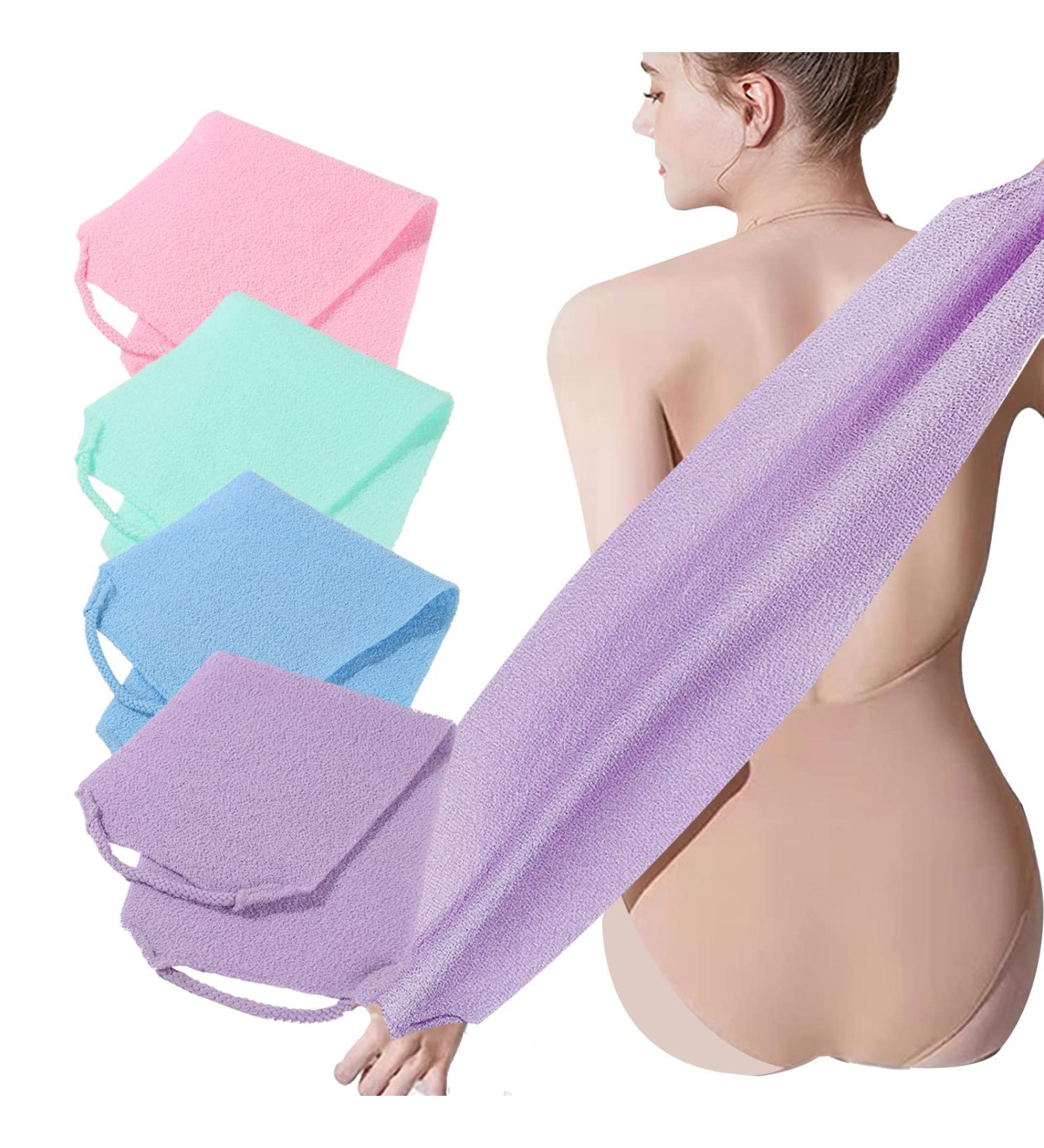 4 Pack Exfoliating Body Scrubber with Handles - Nylon Exfoliating Cloth Back Scrubber Set for Women & Men - Extended Length, Stretchable Pull Strap - Shower Accessories (Green, Blue, Purple, Pink) - Buy Online on GoSupps.com