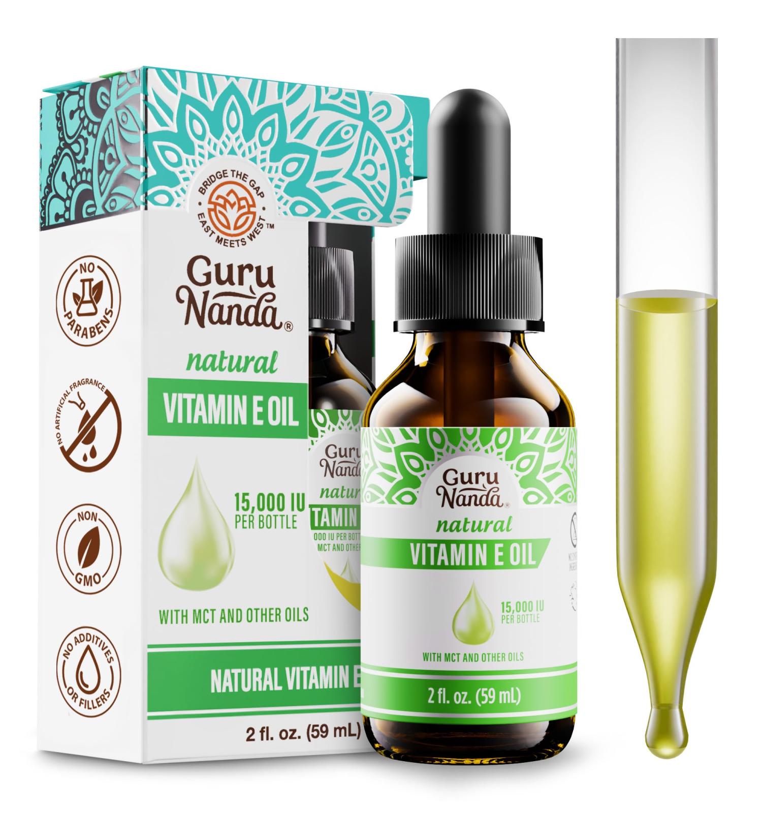 GuruNanda Vitamin E Oil 2 Fl Oz Pure & Natural 15 000 IU per Bottle for Skin Hair Face Nails & Scars With Coconut Oil to Help Nourish & Moisture Non-GMO & Vegan 1 Count - Buy Online on GoSupps.com