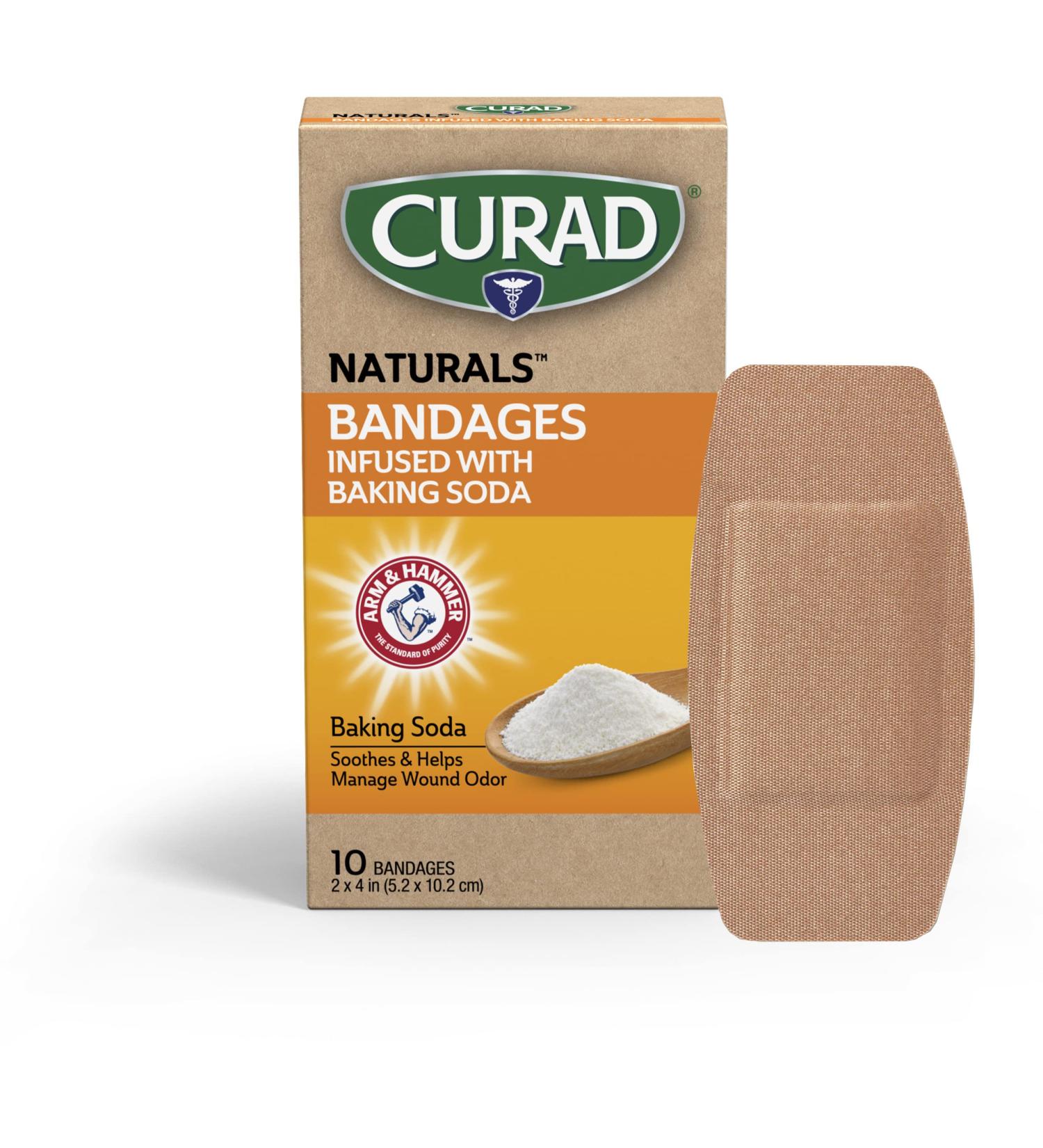 CURAD Naturals Baking Soda Bandages 2 x 4 - 10 Count Box, Sterile & Self-Adhesive First Aid Essential for Scrapes and Cuts - Buy Online on GoSupps.com