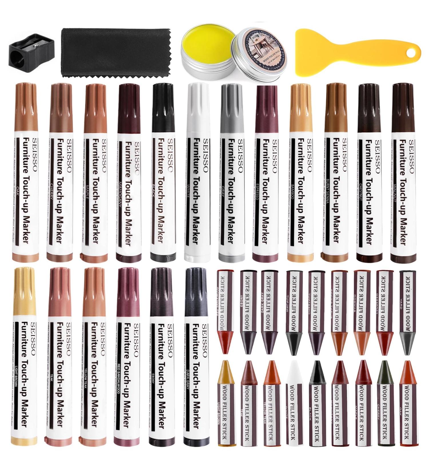 SEISSO Furniture Repair Kit - 18 Color Touch Up Markers & Wood Filler Sticks | Fix Scratches Stains & Holes on Wooden Furniture Cabinets Floors & Doors - International Shipping Available - Buy Online on GoSupps.com