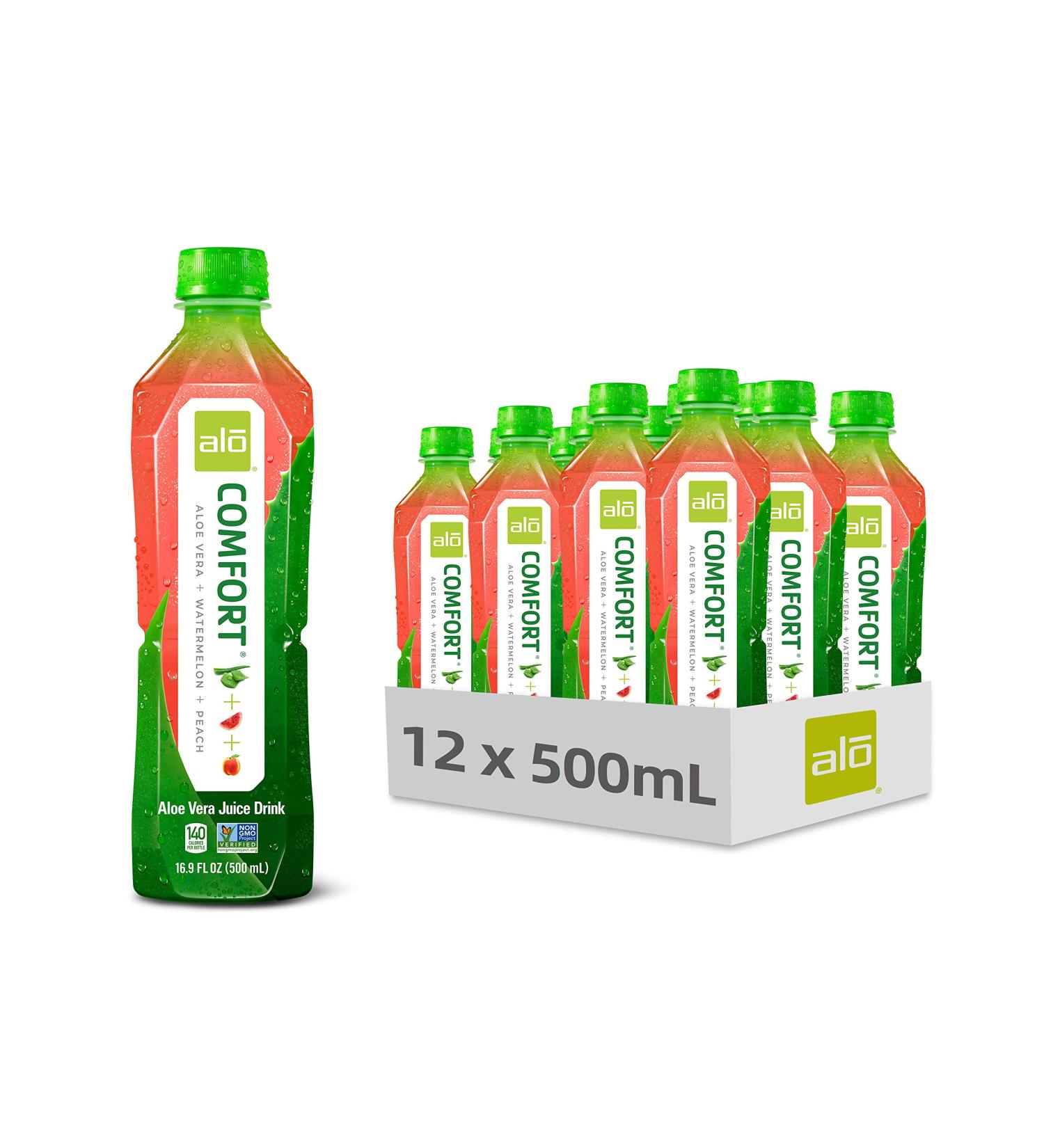 ALO Aloe Vera Juice Drink - Comfort Watermelon & Peach 16.9 oz, Pack of 12 | Plant-Based with Real Aloe Pulp - Buy Online on GoSupps.com