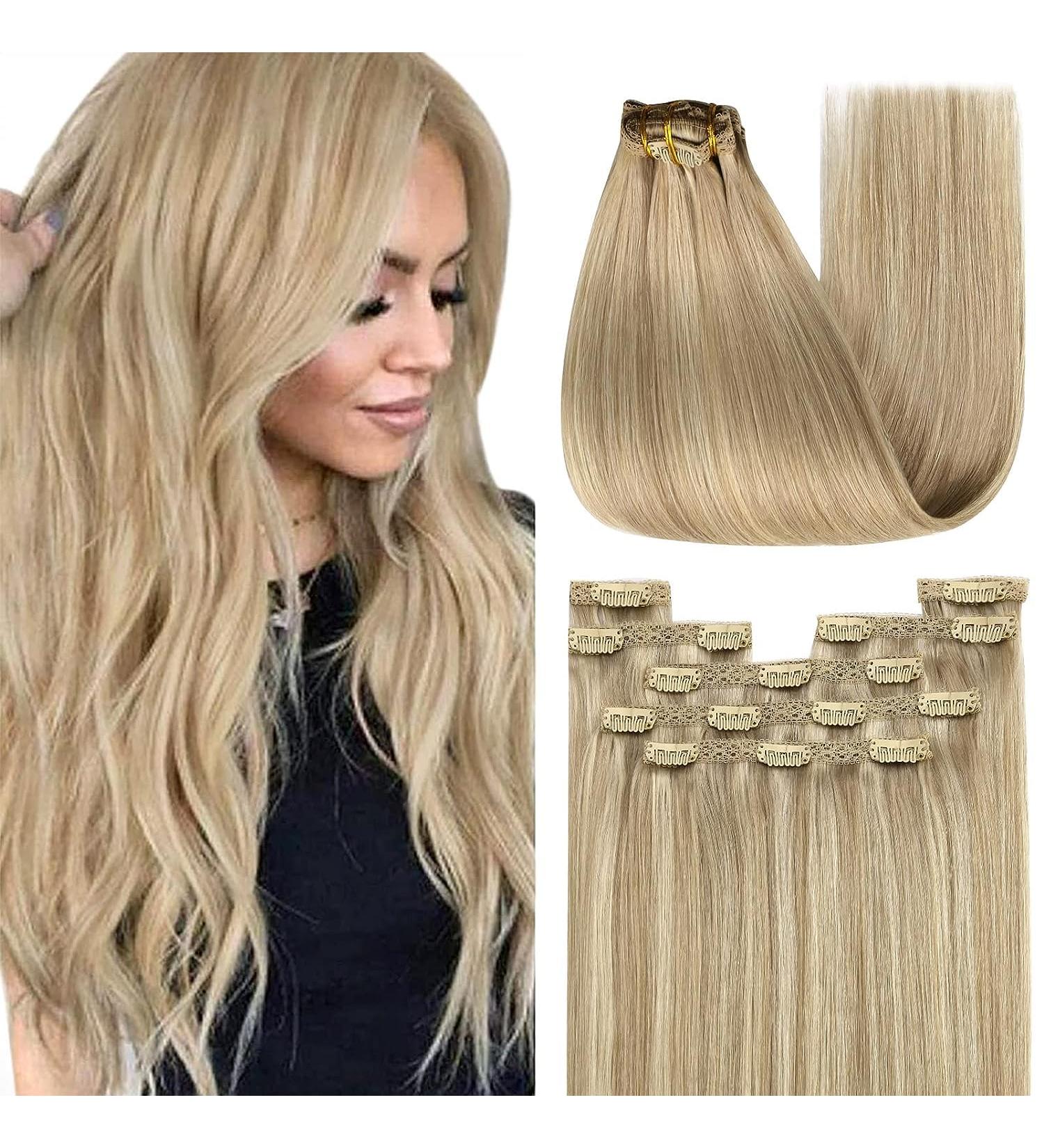 Youngsee Clip-In Real Hair Extensions - 45cm Blonde 120g (7PCs) - Smooth Gold to Medium Blonde - Buy Online on GoSupps.com