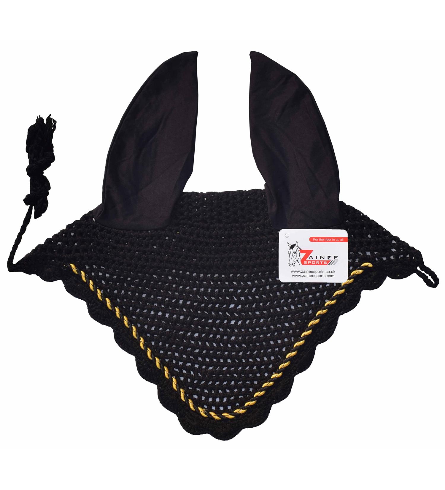 Zainee Sports Crochet Fly Hood with Comfortable Lycra Ears Horse Ear Bonnet Net Hat Fly Veil Hand Made (FULL BLACK) FULL BLACK